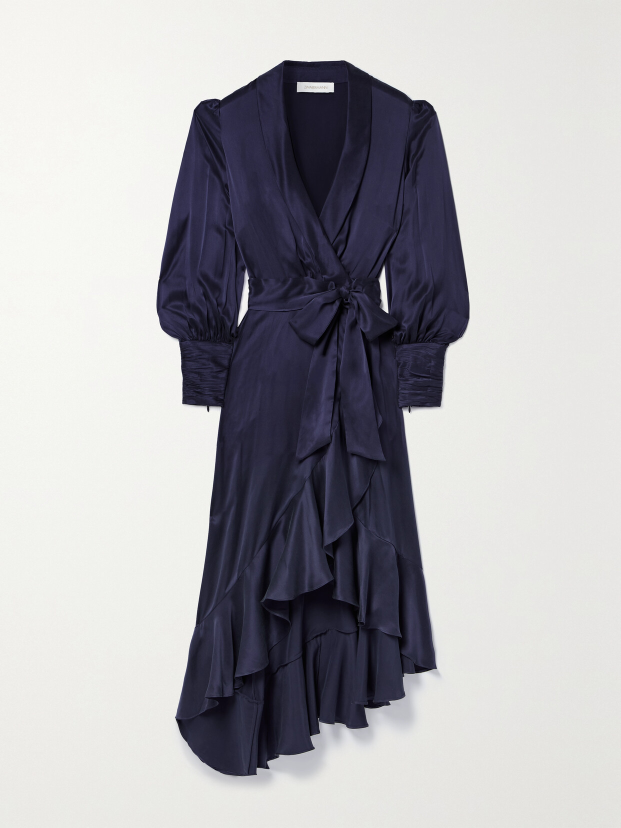 ZIMMERMANN ASYMMETRIC RUFFLED SILK-SATIN MIDI WRAP DRESS