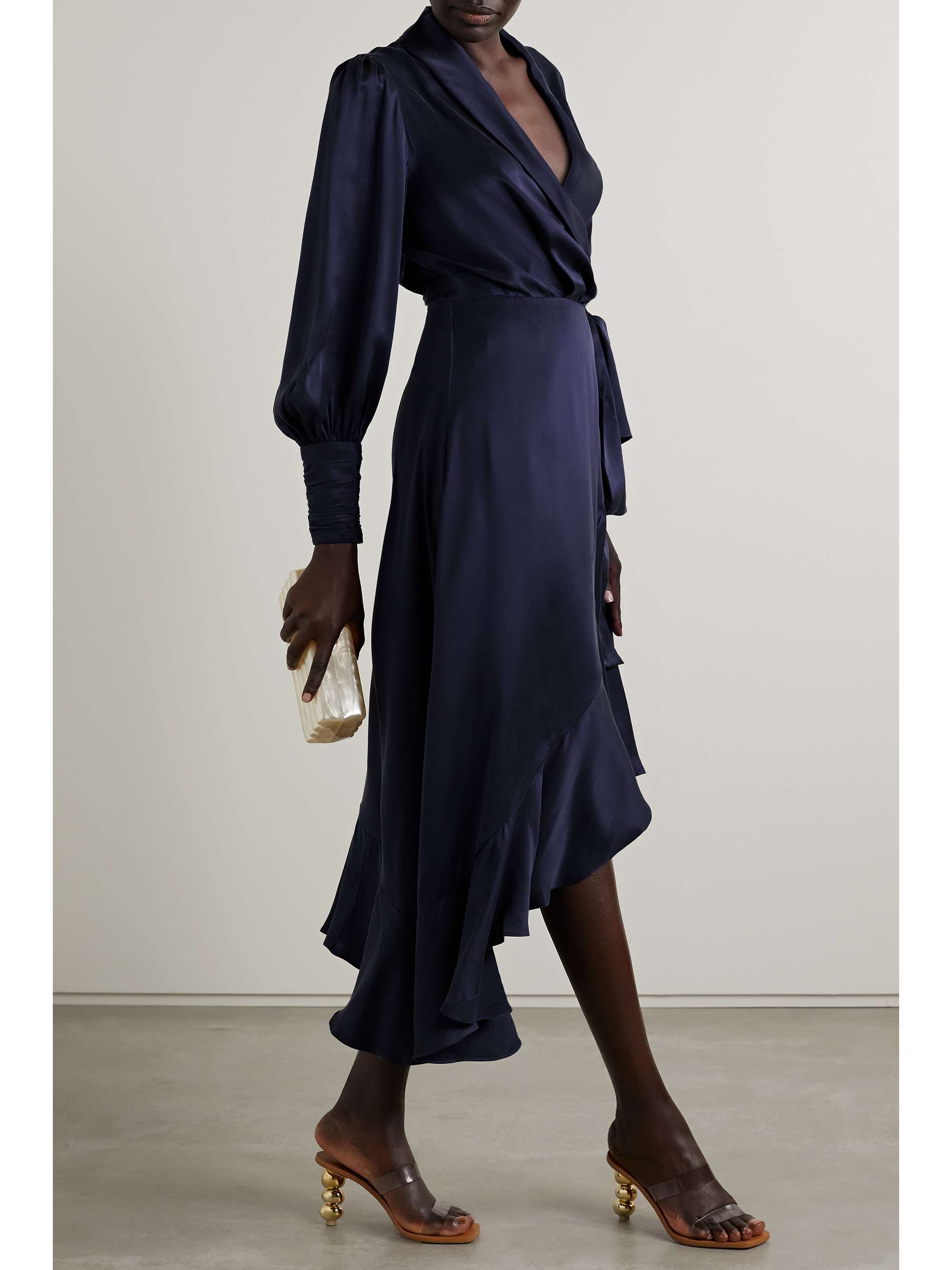 ZIMMERMANN Asymmetric ruffled silk-satin midi wrap dress | NET-A-PORTER