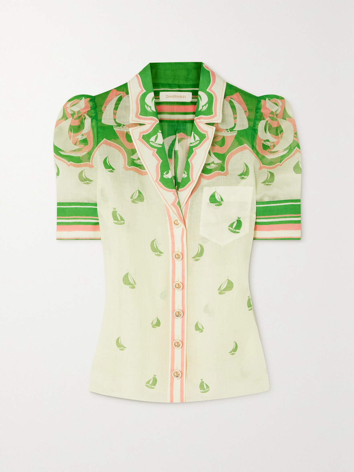 Zimmermann High Tide Sailboat Print Ramie Button-up Shirt In Green