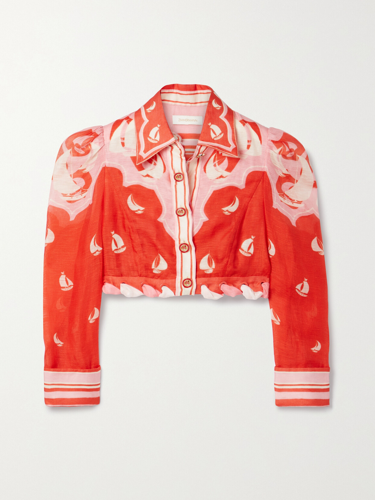 Zimmermann High Tide Cropped Printed Linen And Silk-blend Top In Red