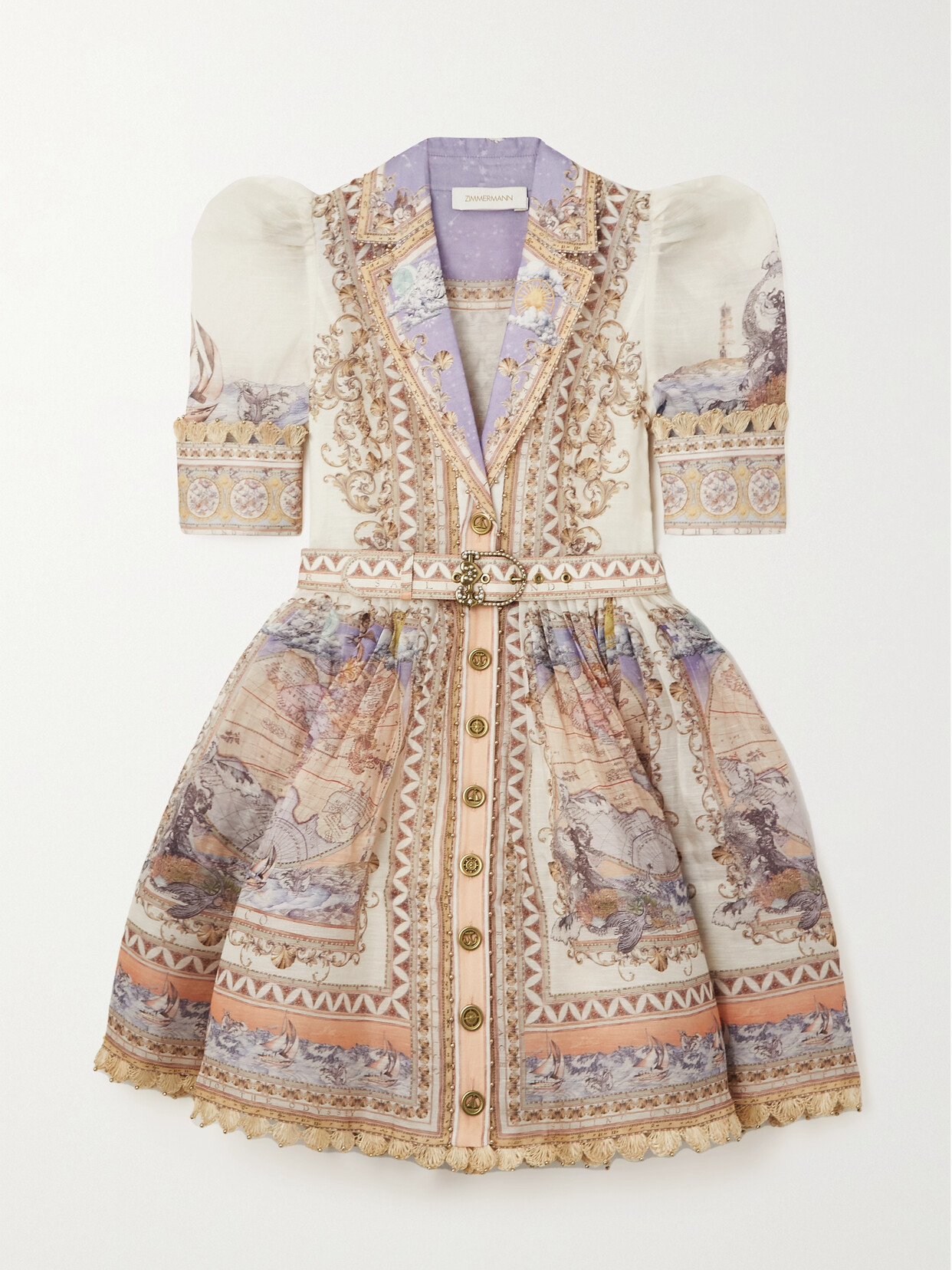 ZIMMERMANN HIGH TIDE BELTED EMBELLISHED PRINTED LINEN AND SILK-BLEND MINI DRESS