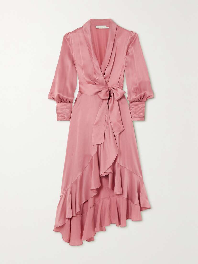 Zimmermann Asymmetric Ruffled Silk-satin Midi Wrap Dress