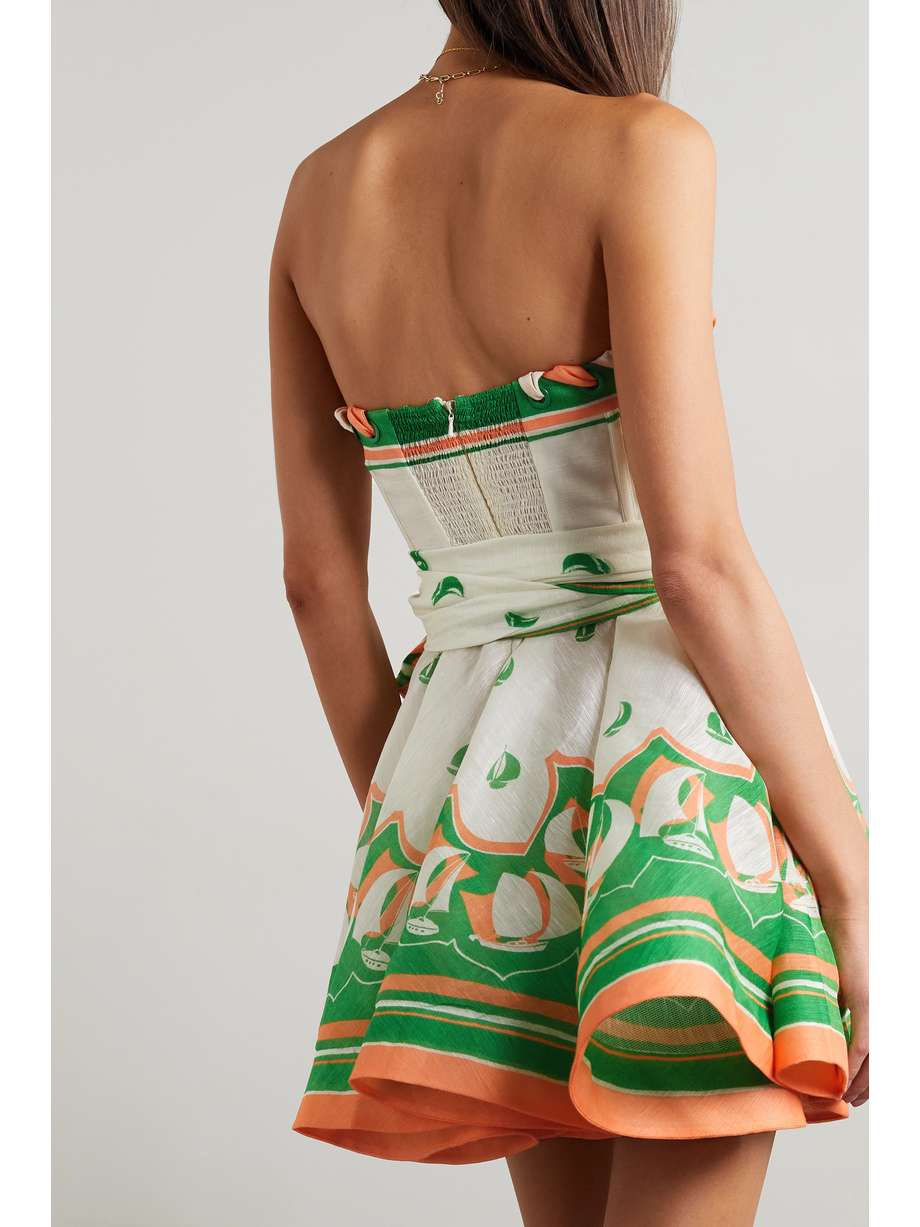 ZIMMERMANN High Tide strapless belted printed linen and silkblend mini