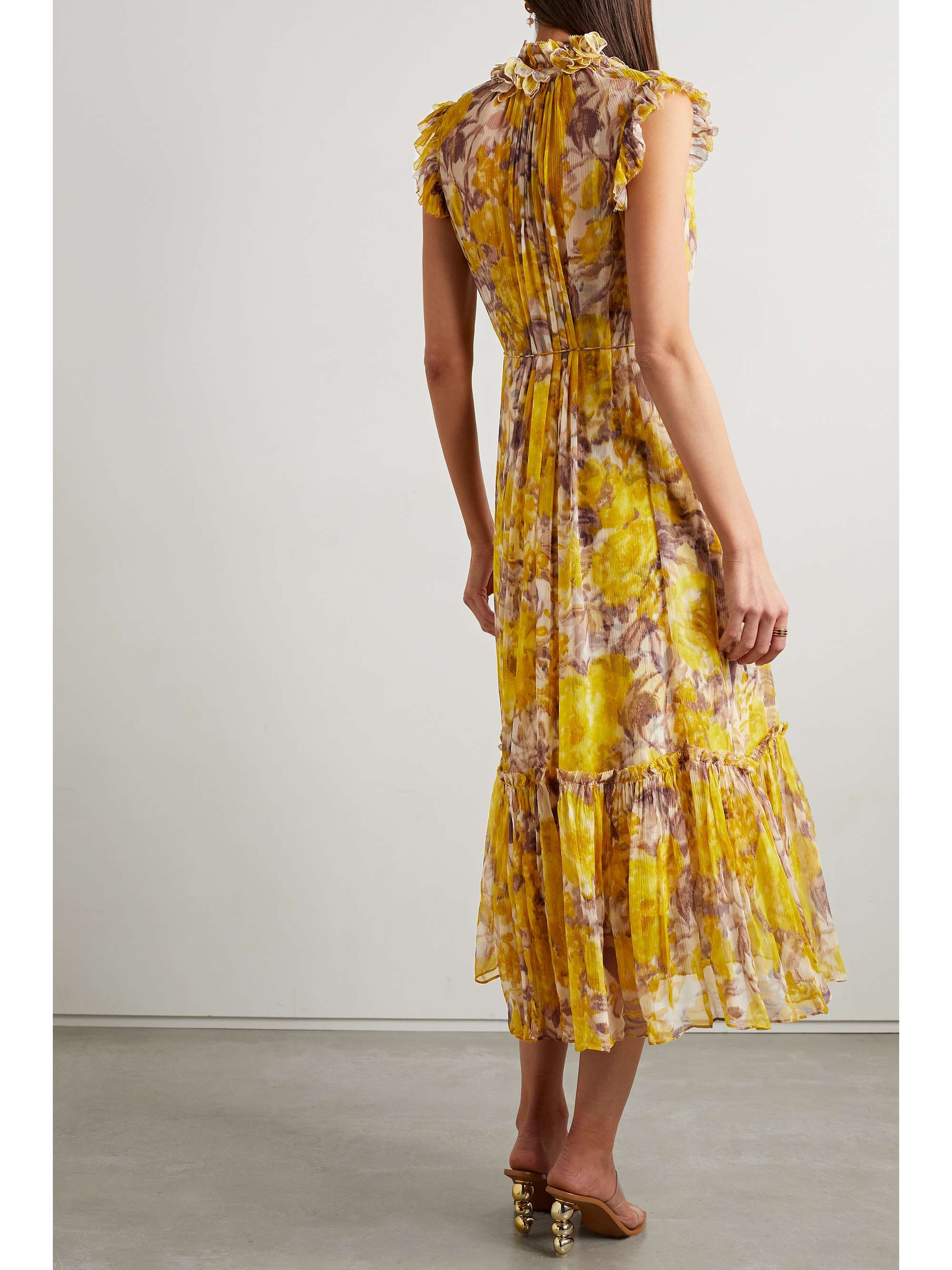 Yellow Flutter belted ruffled floralprint silkcrepon midi dress