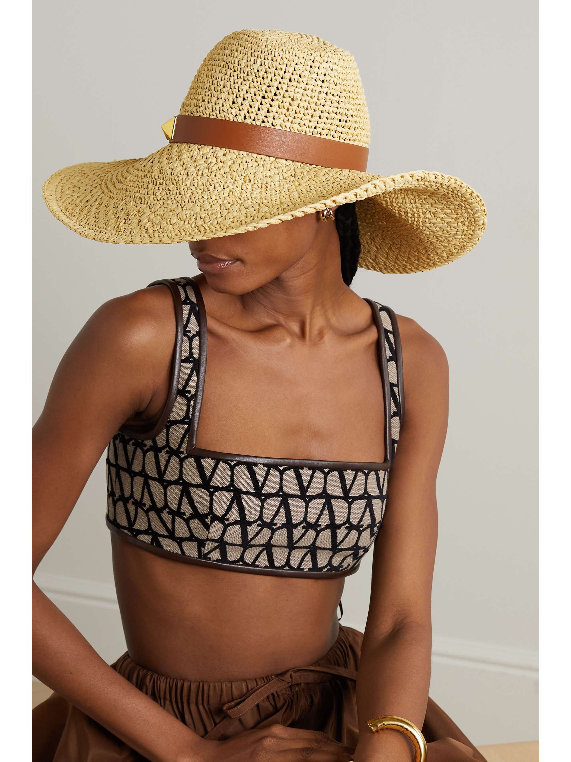 VALENTINO GARAVANI Roman Stud leather-trimmed straw fedora