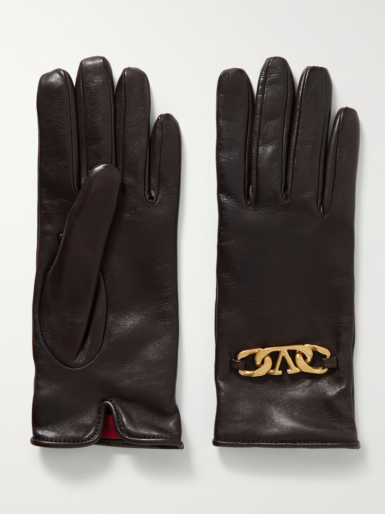 Valentino Garavani Vlogo Cashmere-lined Chain-embellished Leather Gloves In Brown