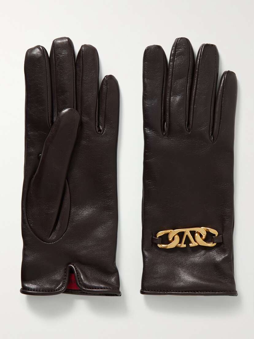 Valentino Garavani Vlogo Cashmere-lined Chain-embellished Leather Gloves