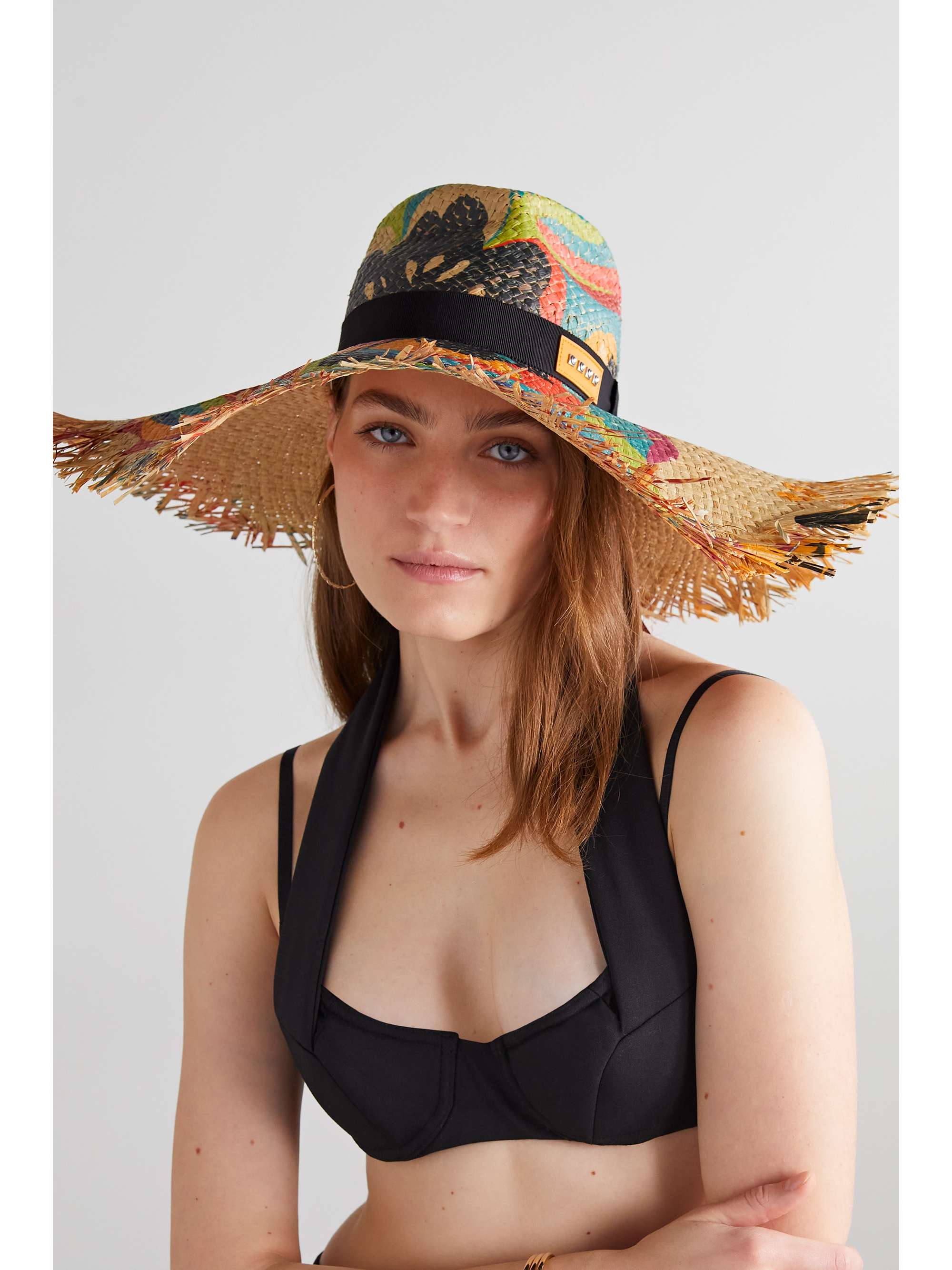 ETRO Leather and grosgrain-trimmed printed raffia sunhat