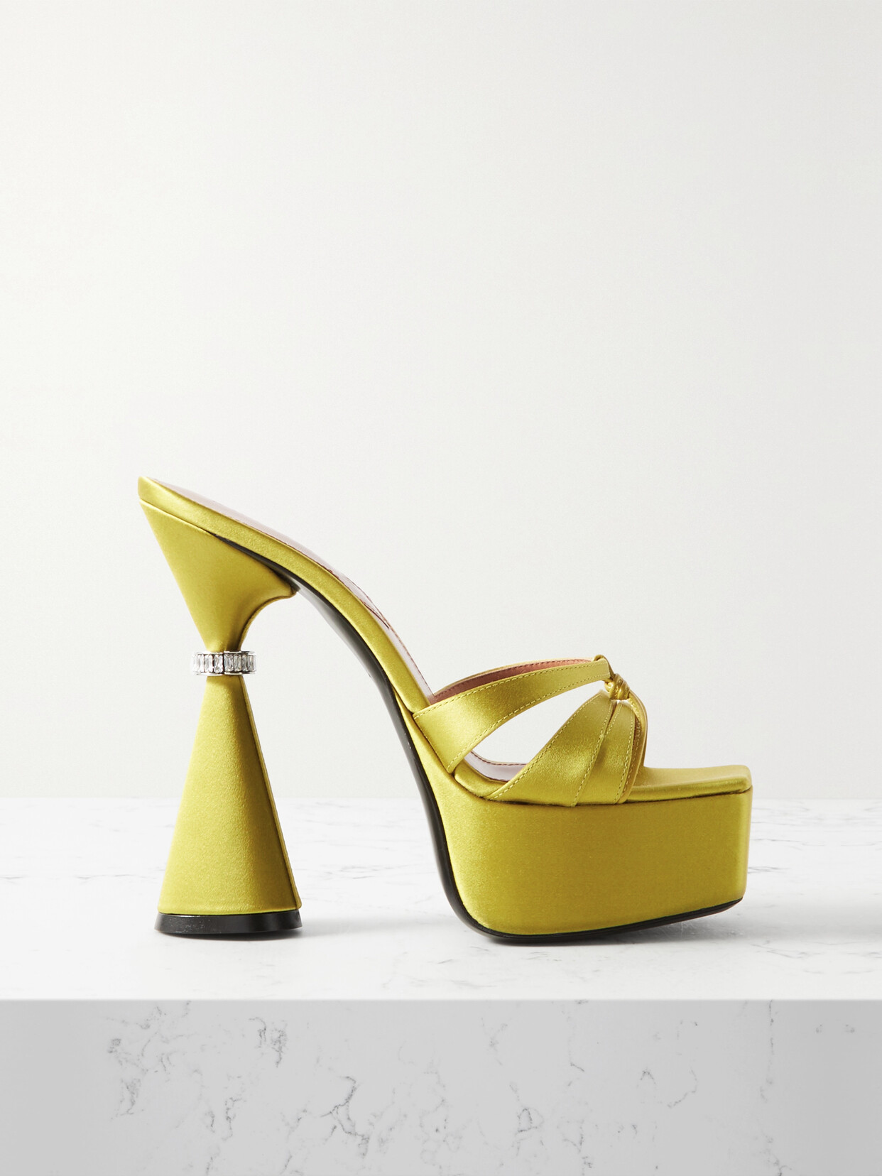 D'Accori - Sienna Leather-trimmed Embellished Satin Platform Mules - Yellow