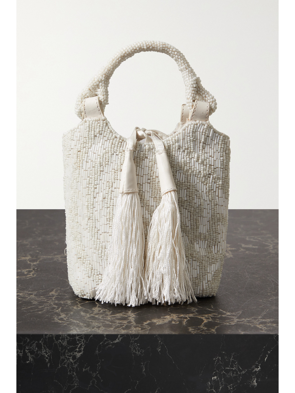 STAUD - Zoe Tasseled Beaded Vegan Leather Tote - Cream