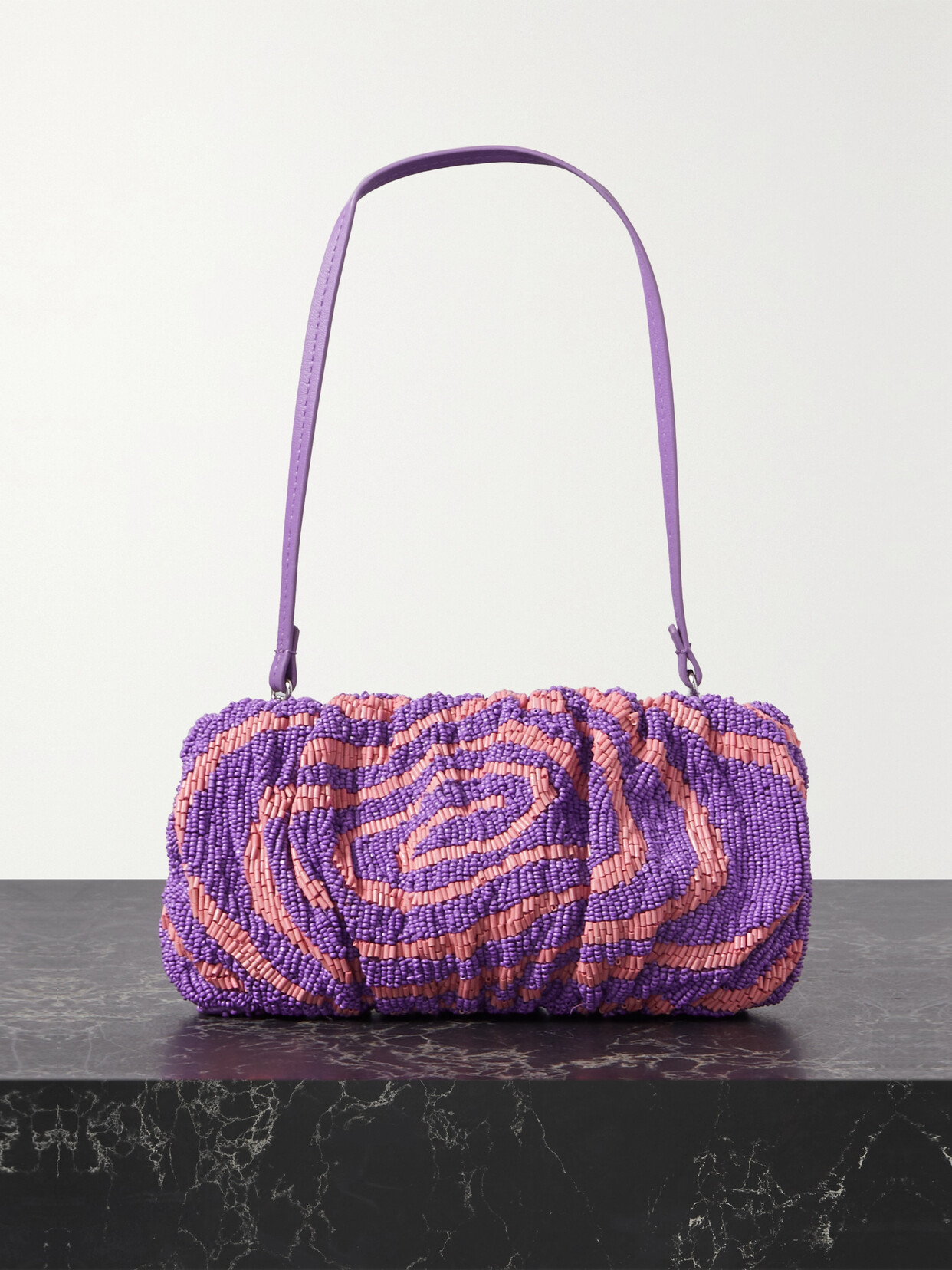 STAUD - Bean Gathered Beaded Leather Shoulder Bag - Purple