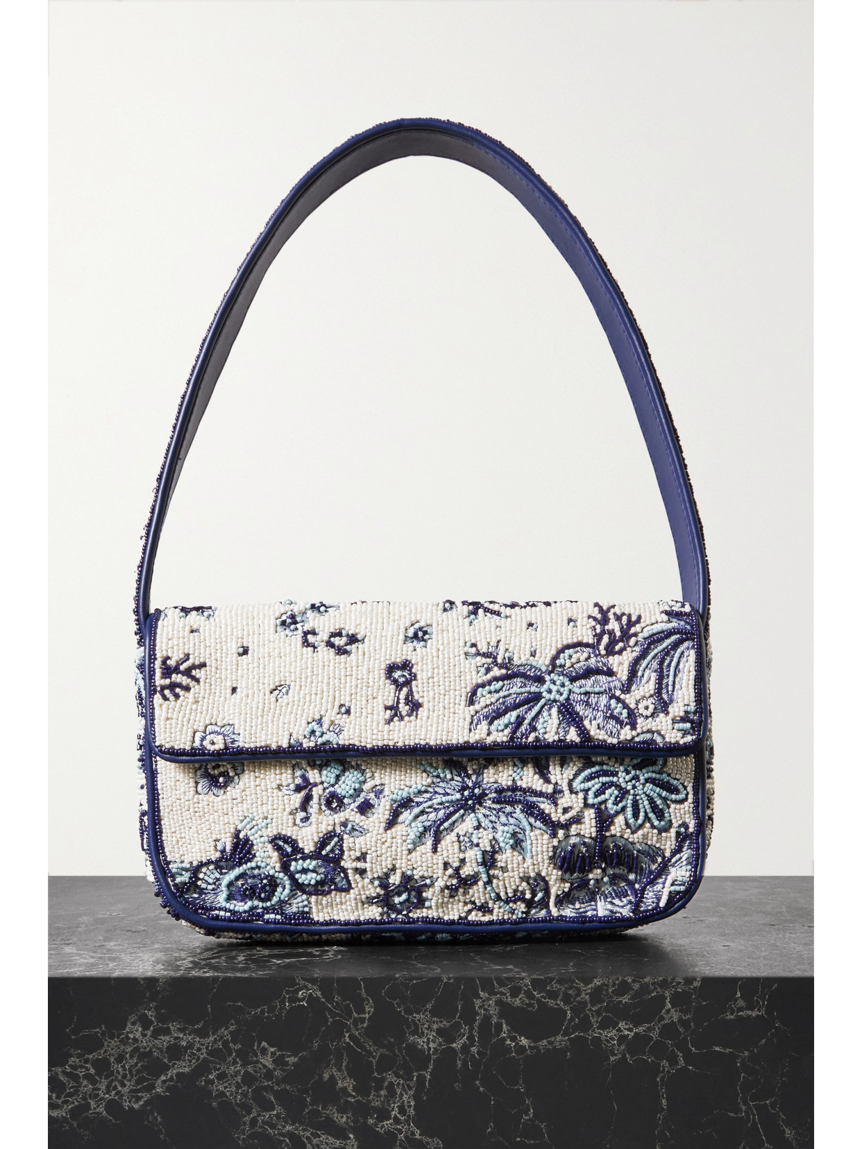 Staud Tommy Beaded Embroidered Faux Leather Shoulder Bag In Blue