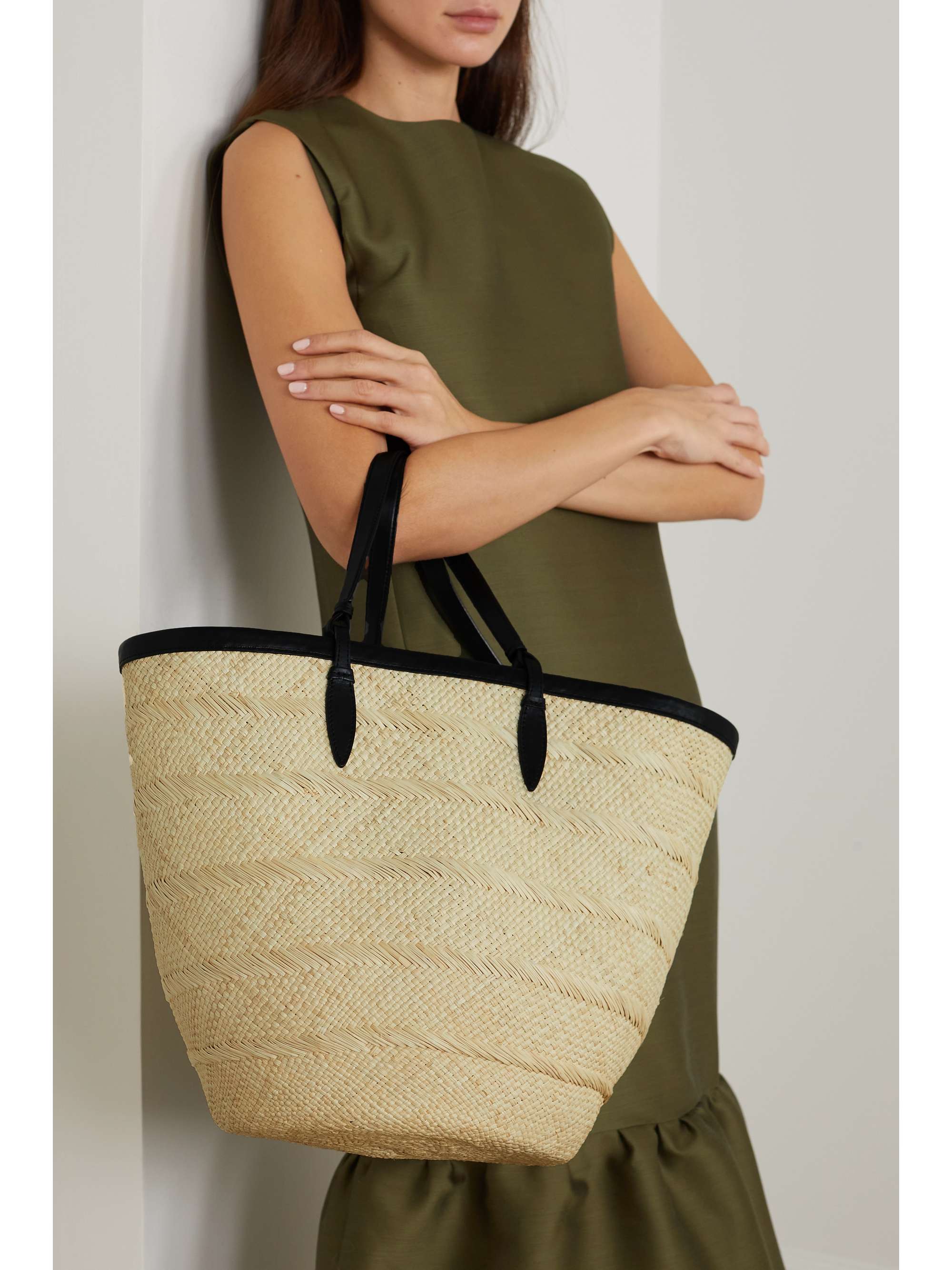 HUNTING SEASON Iraca large leather-trimmed woven raffia tote