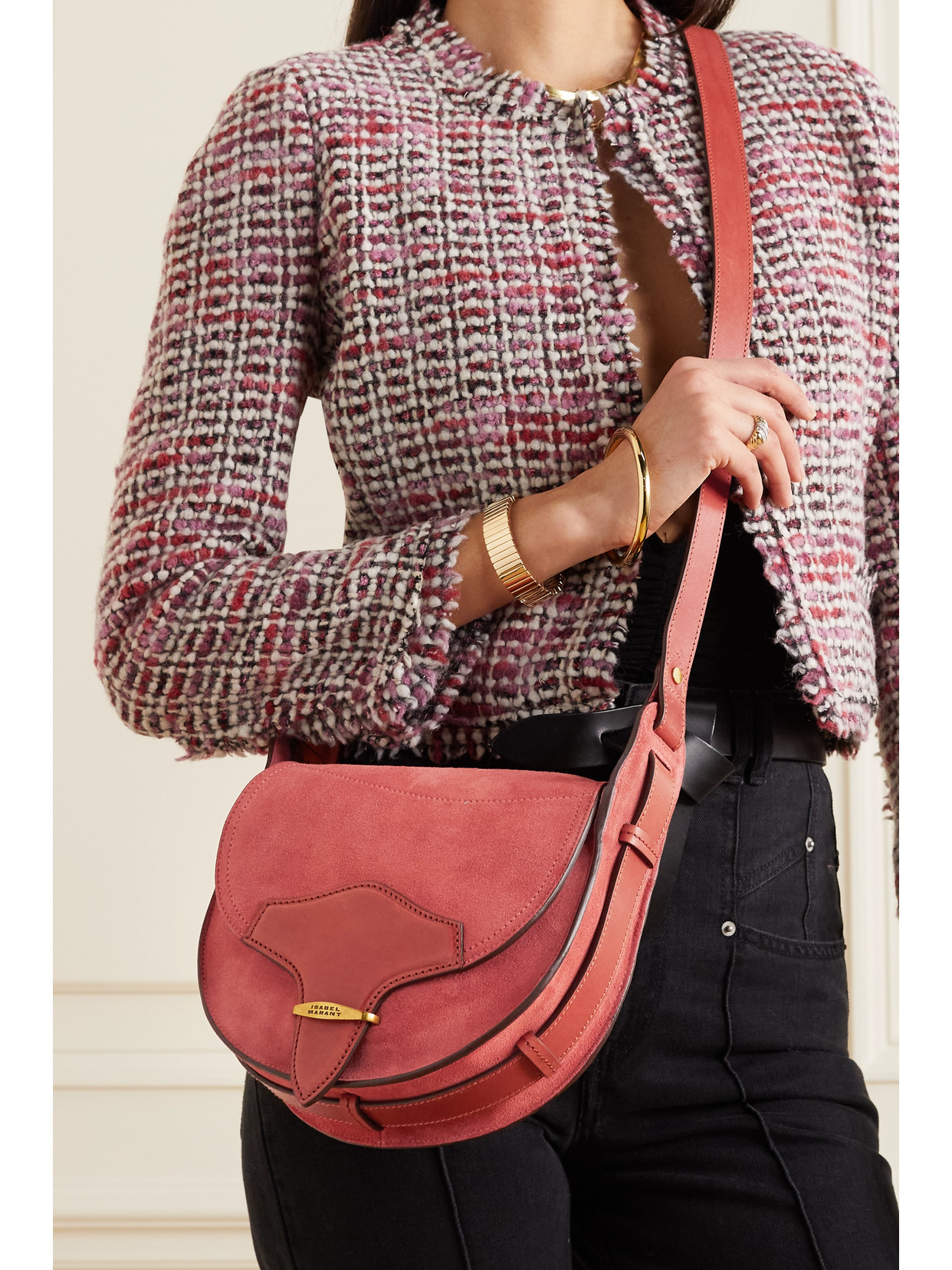 Isabel Marant Botsy Small Leathertrimmed Suede Shoulder Bag In Red