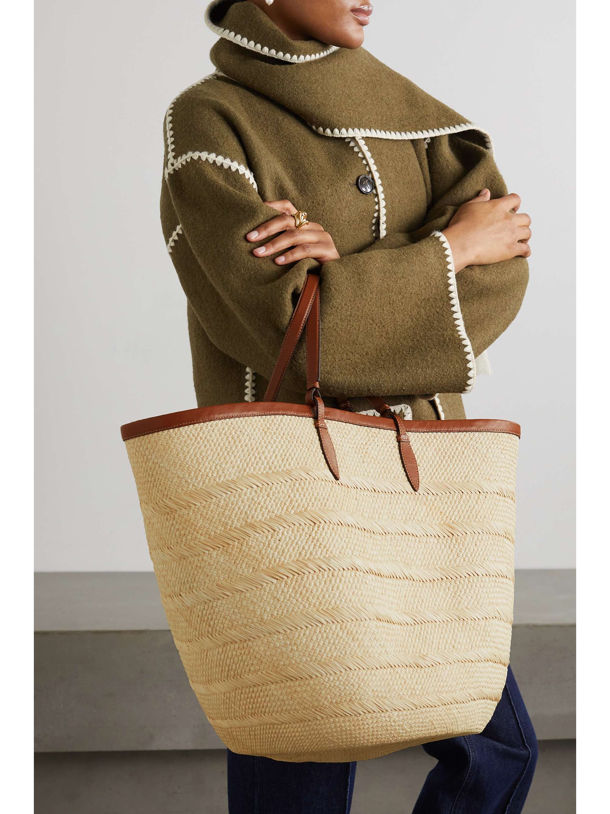 HUNTING SEASON Iraca large leather-trimmed woven raffia tote