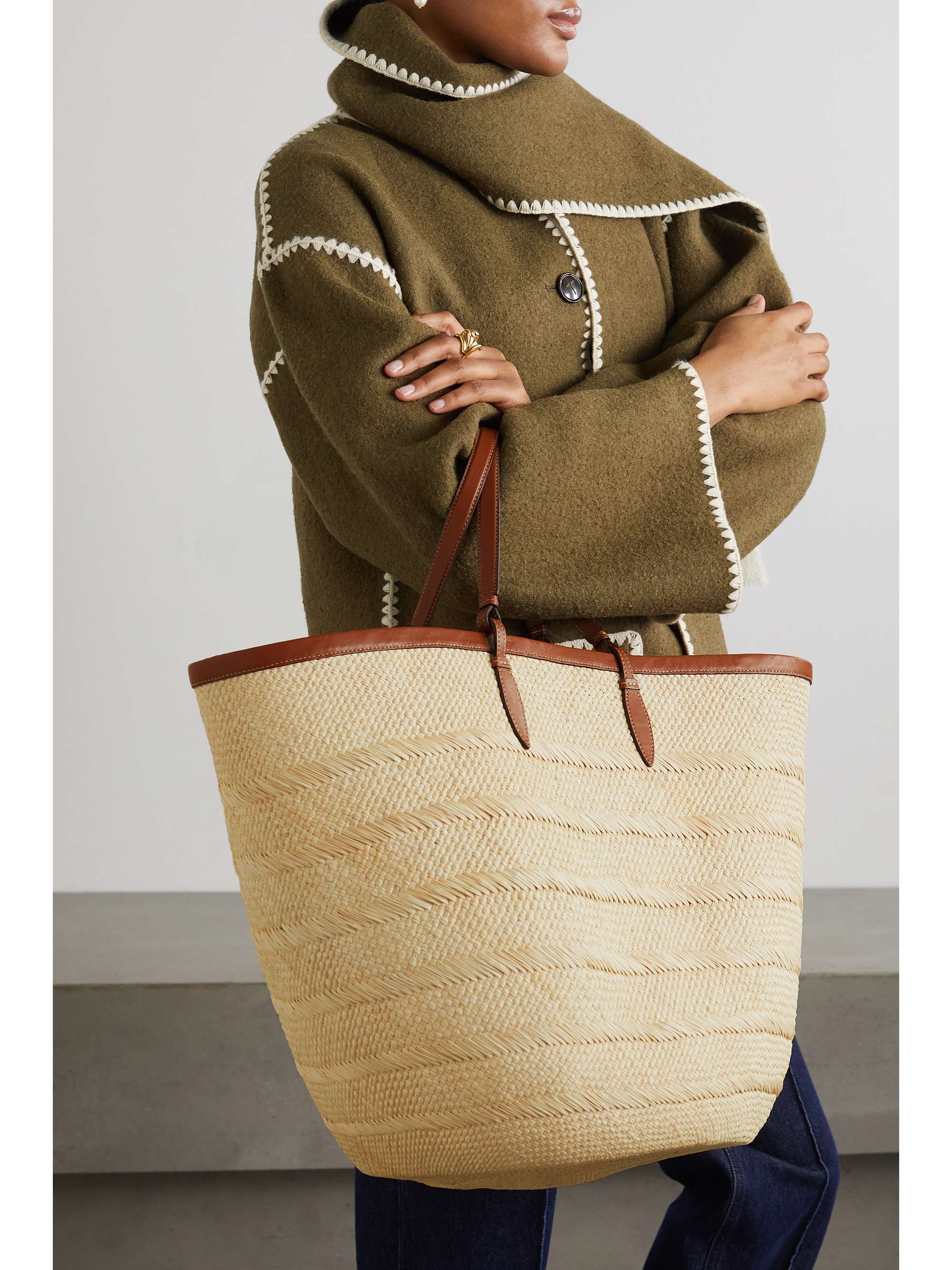 Iraca large leather-trimmed woven raffia tote