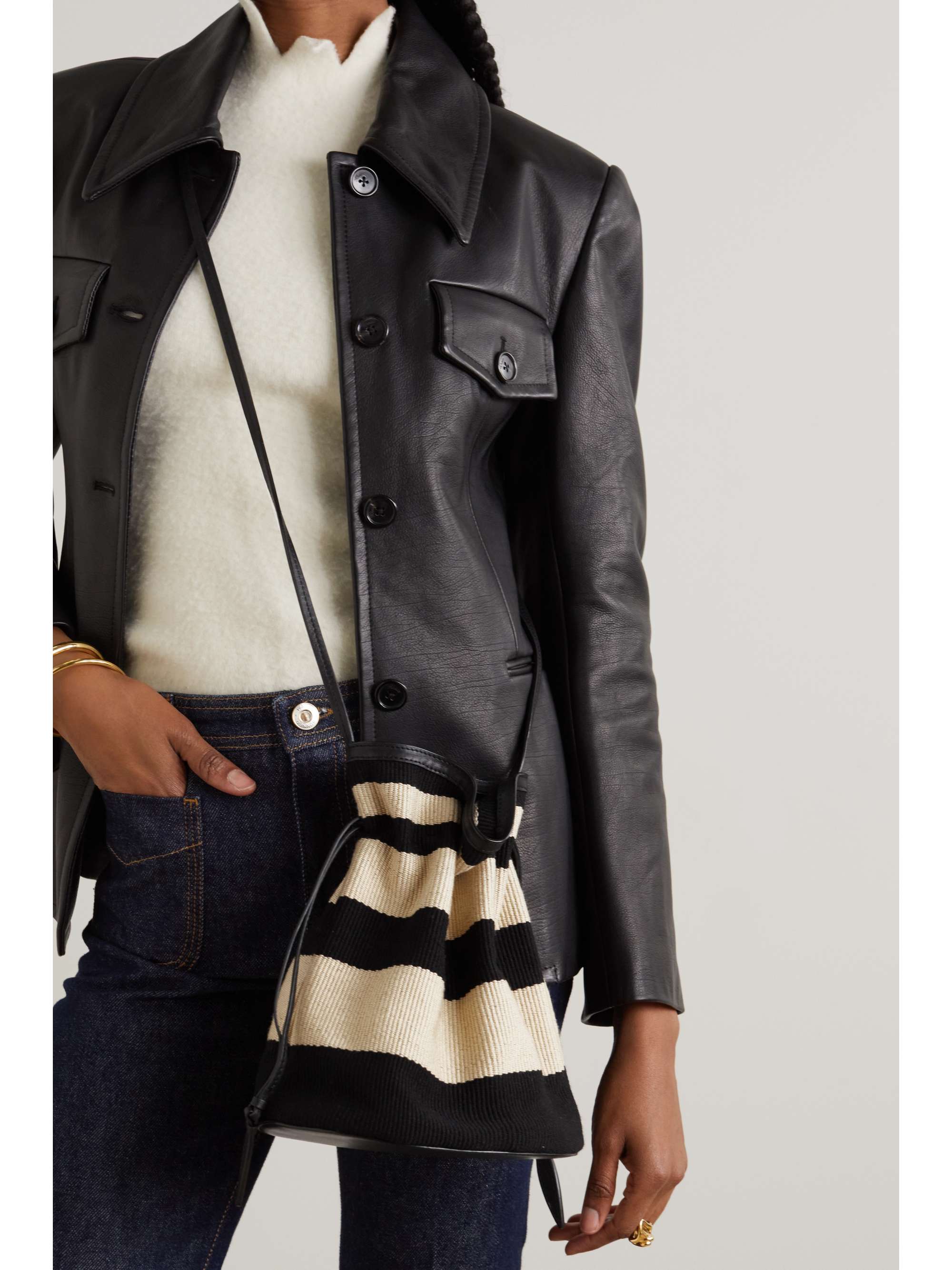 HUNTING SEASON Sac striped leathertrimmed cotton bucket bag NETAPORTER