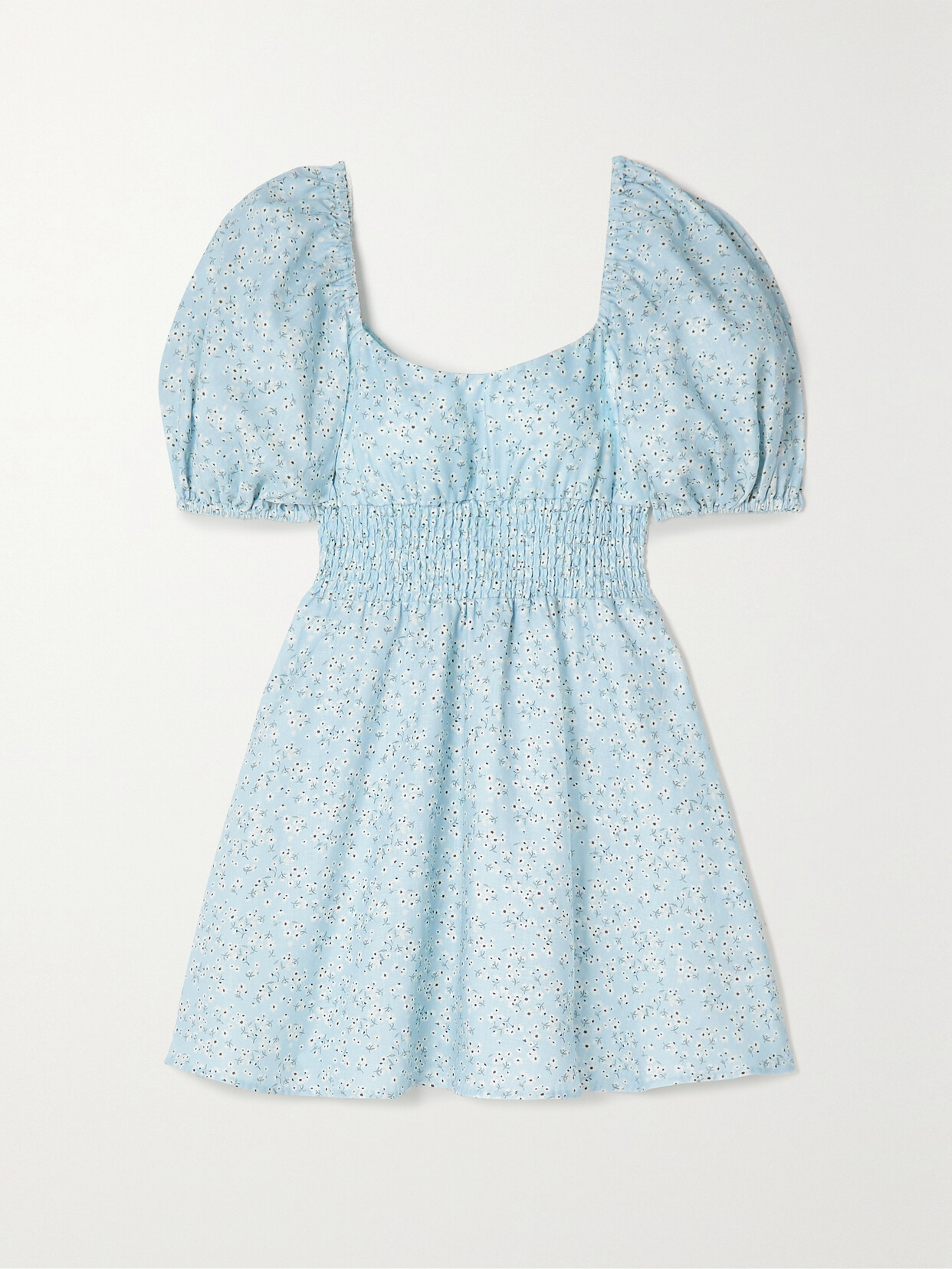 Peony + Net Sustain Smocked Floral-print Linen Mini Dress