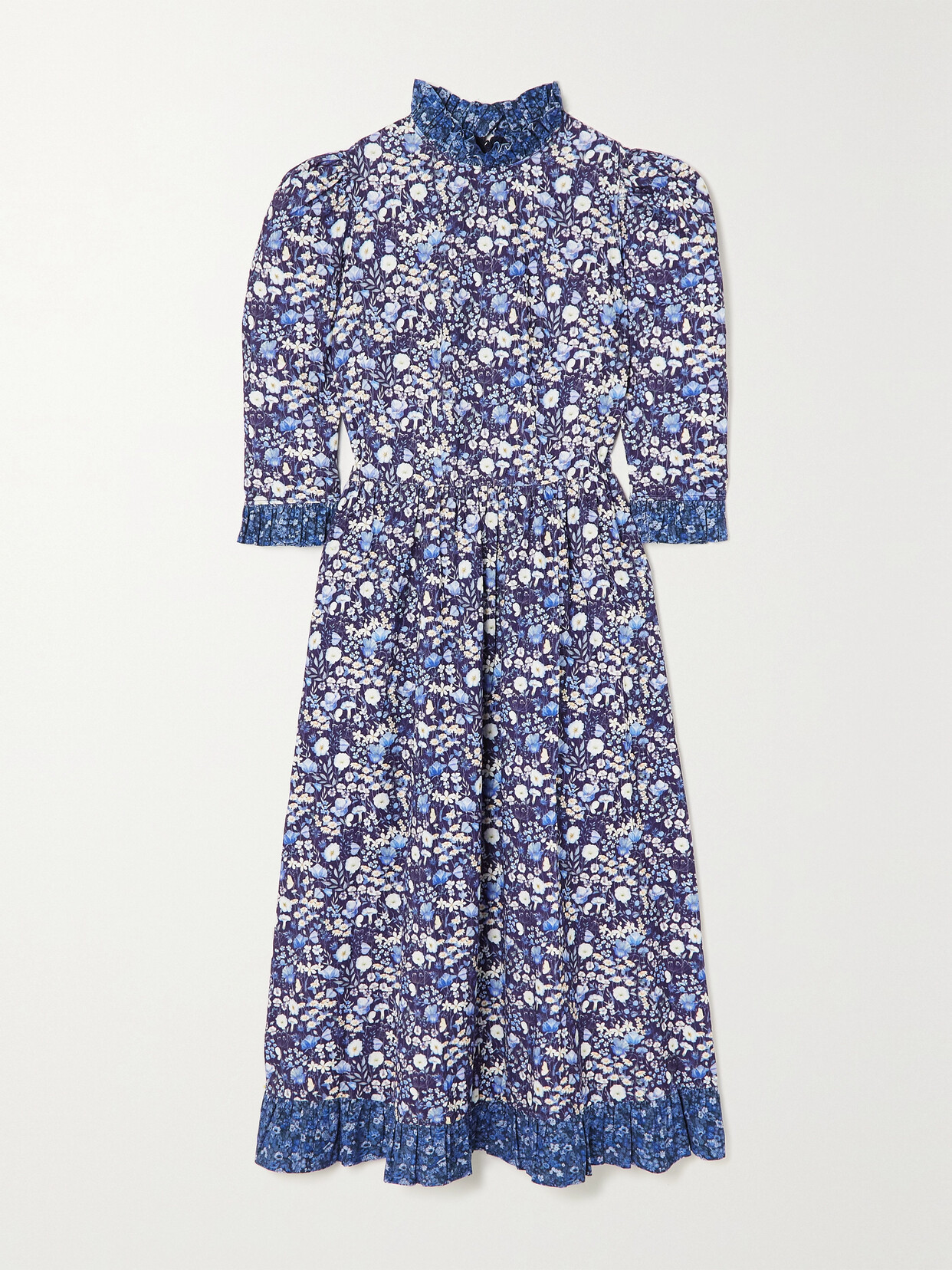 O Pioneers - Clara Ruffled Floral-print Needlecord Cotton Midi Dress - Blue