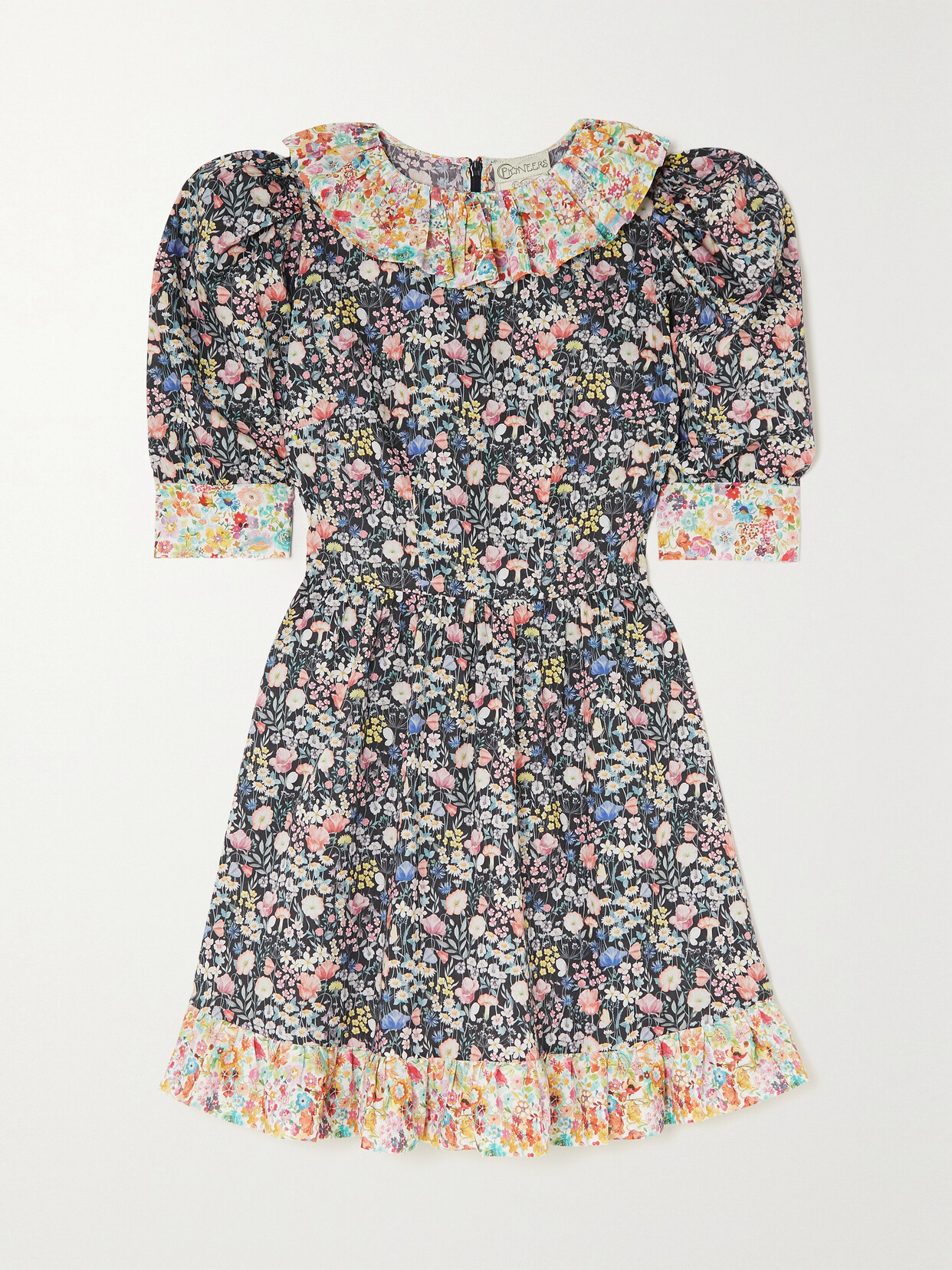 O PIONEERS Claudette Ruffled Floral-print Cotton Mini Dress - Black