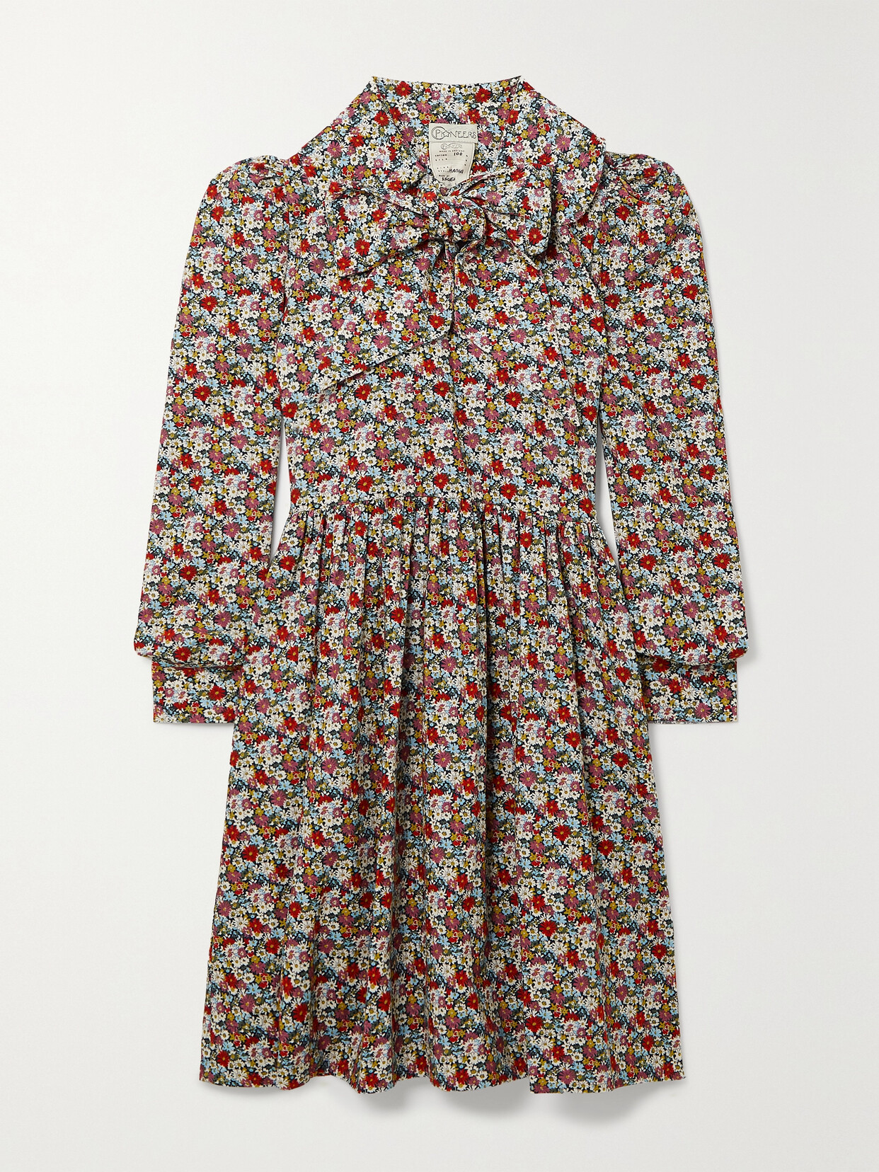 O PIONEERS Martha Pussy-bow Floral-print Needlecord Cotton Mini Dress - Red