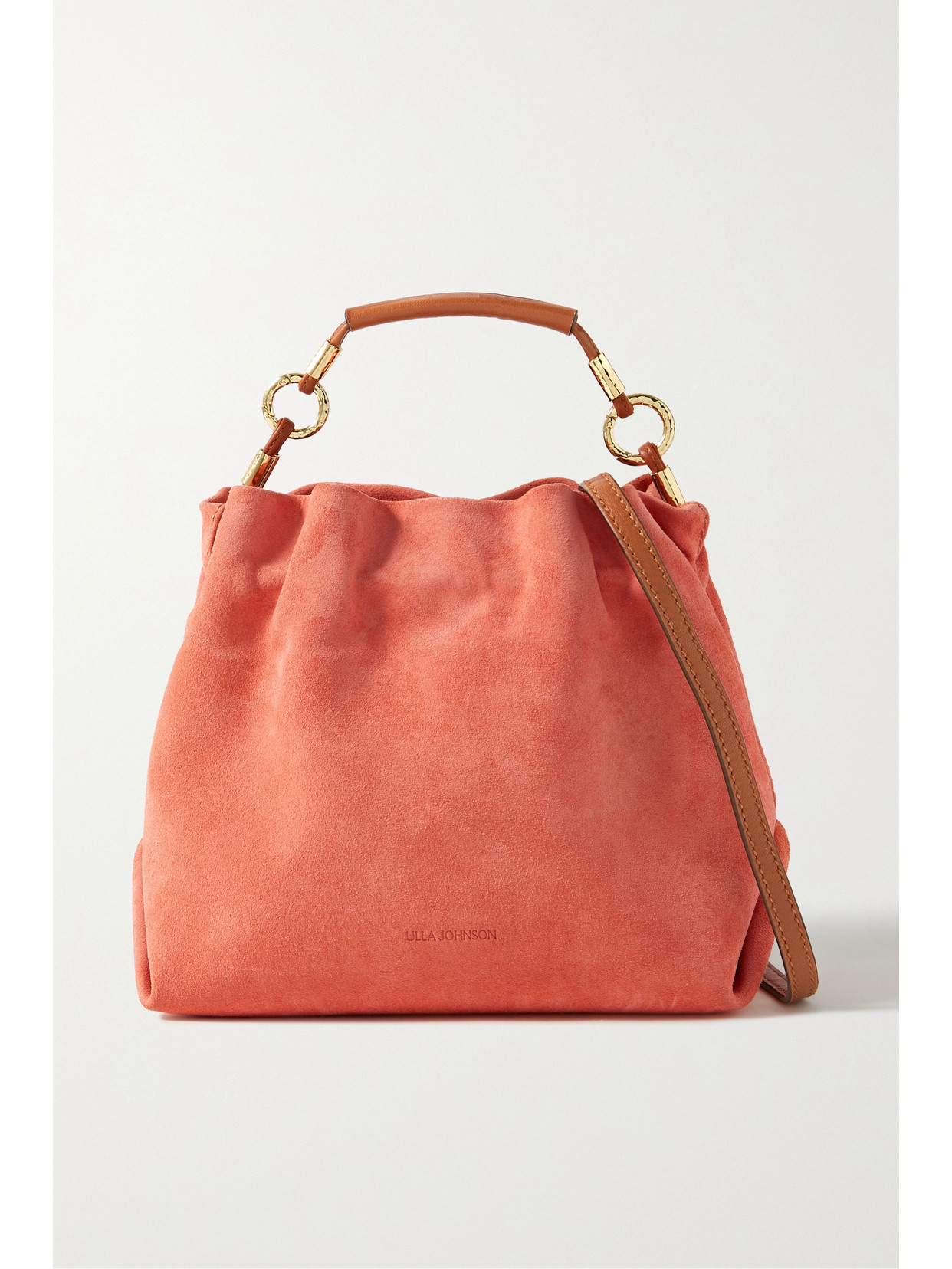Ulla Johnson Remy Mini Ruched Leather-trimmed Suede Bucket Bag In Orange