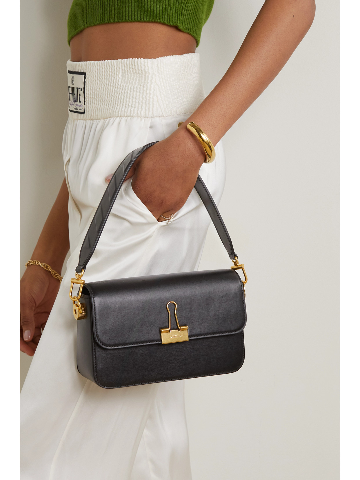 OFF-WHITE PLAIN BINDER MEDIUM EMBELLISHED LEATHER SHOULDER BAG