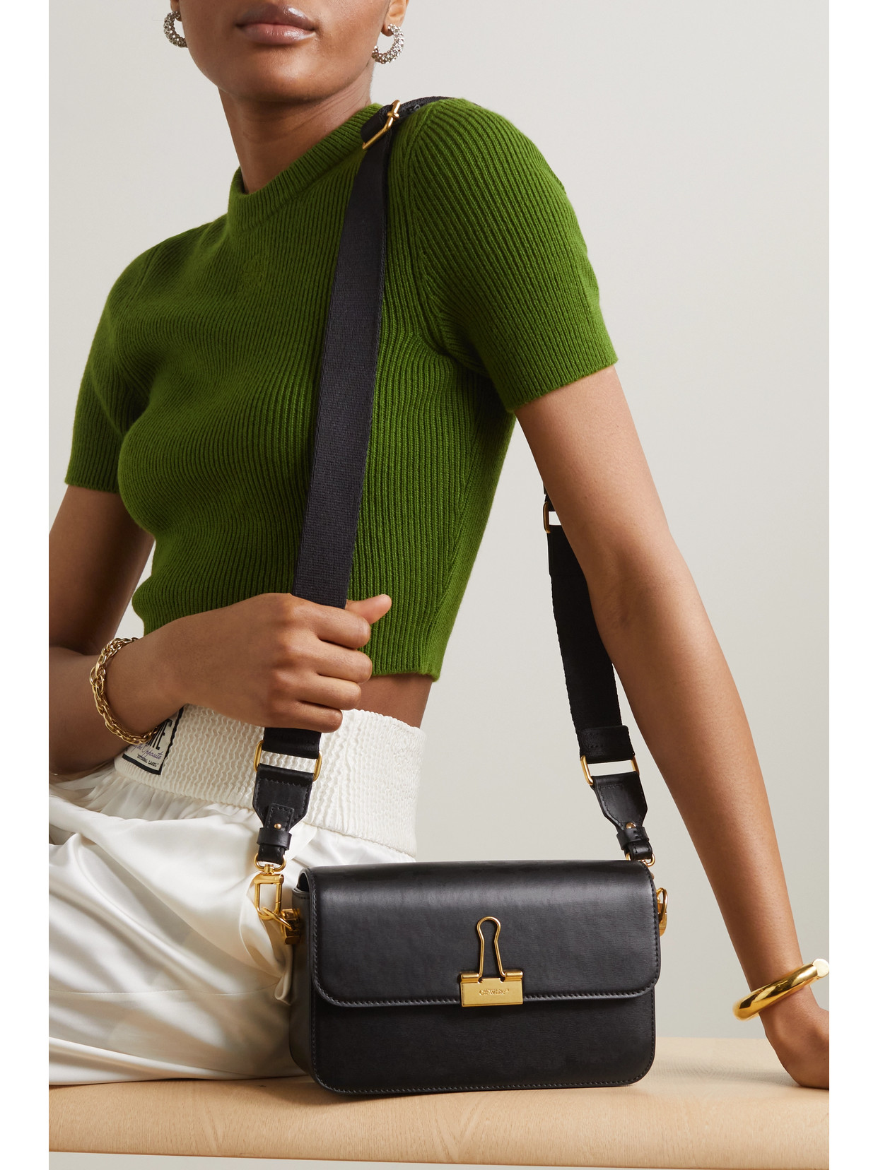 Off-white Plain Binder Medium Embellished Leather Shoulder Bag In Black