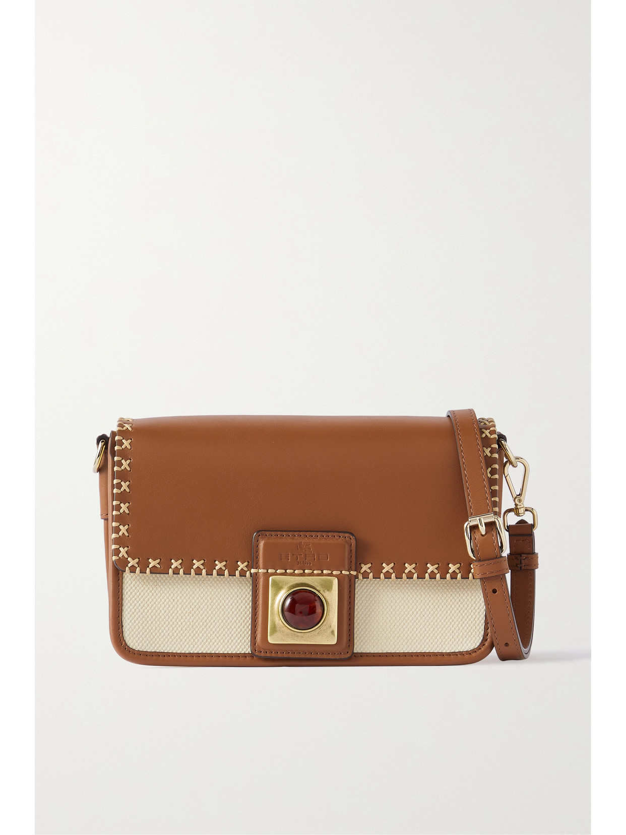 Etro - Crown Me Embellished Leather And Canvas Shoulder Bag - Neutrals