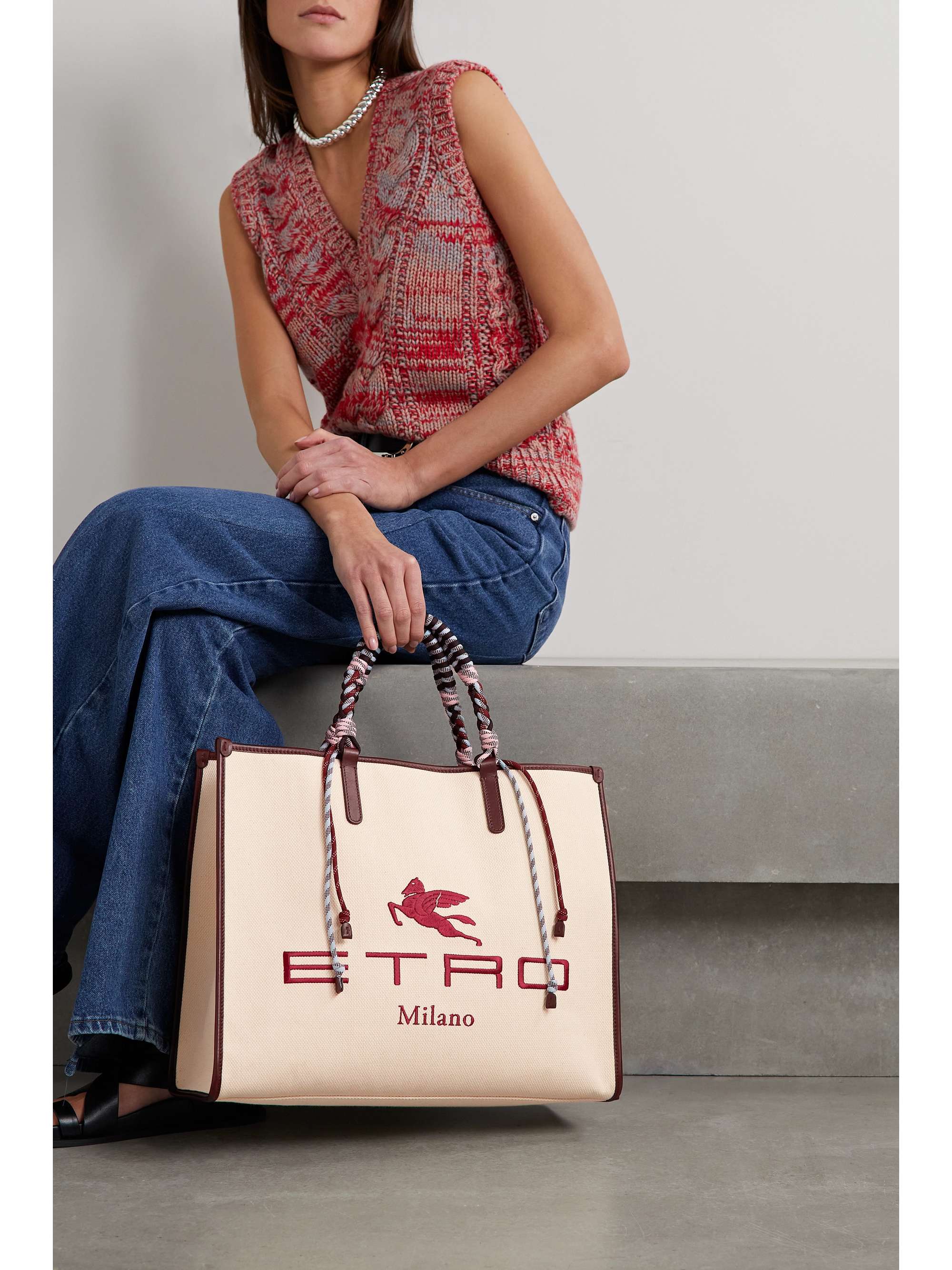 ETRO Globetrotter leathertrimmed embroidered canvas tote NETAPORTER