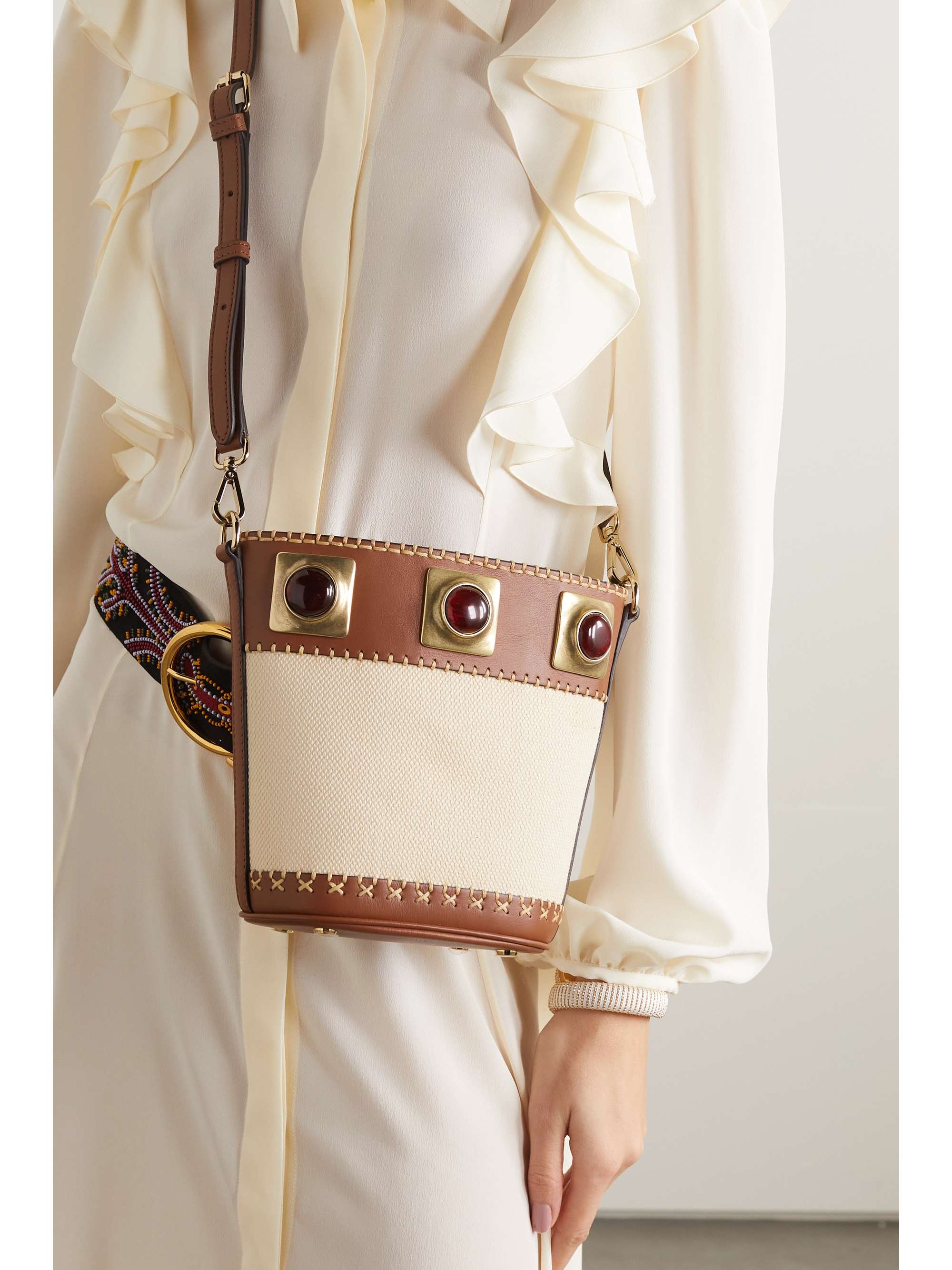 ETRO Crown Me embellished leather-trimmed canvas bucket bag