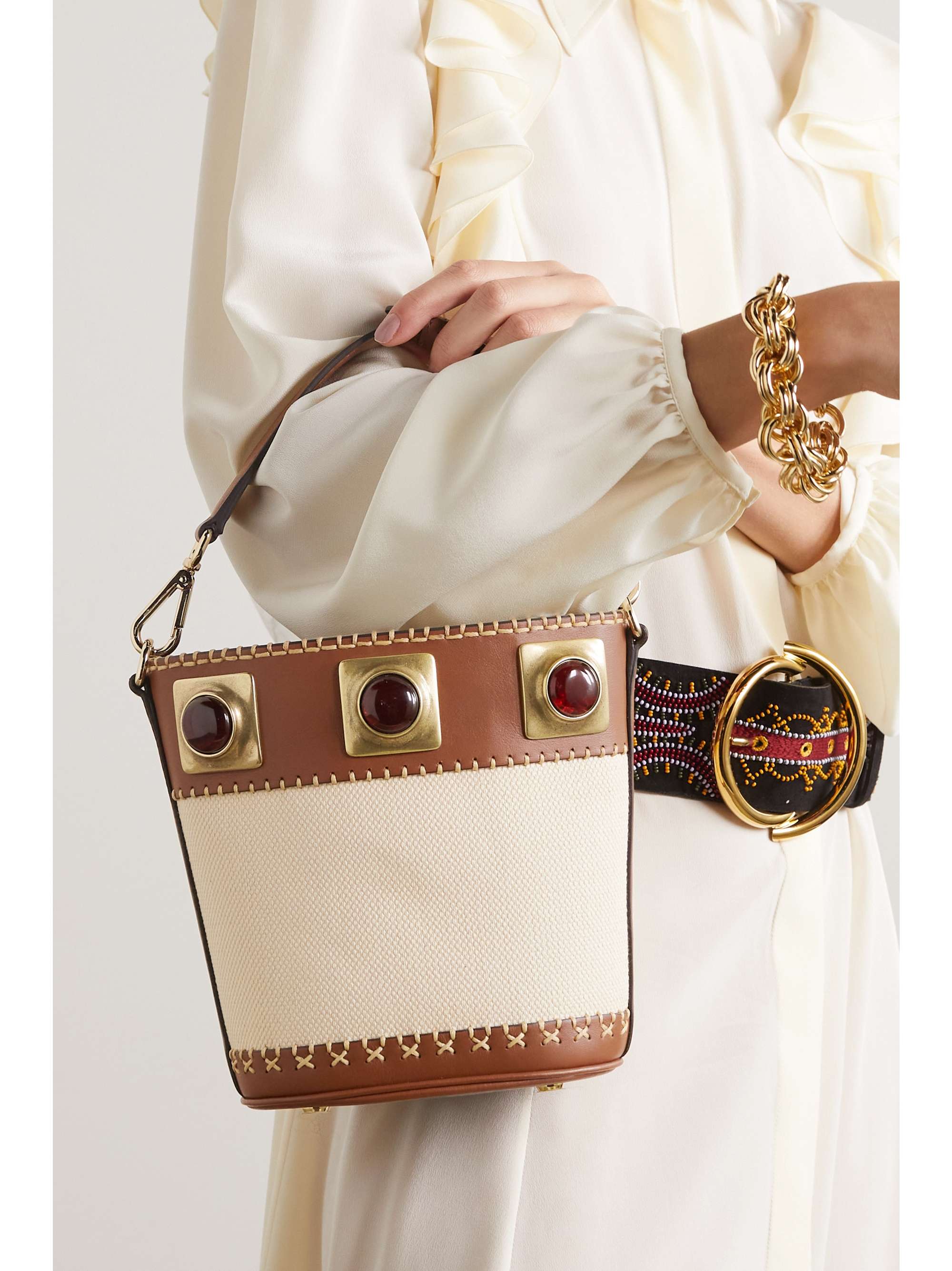 ETRO Crown Me embellished leather-trimmed canvas bucket bag