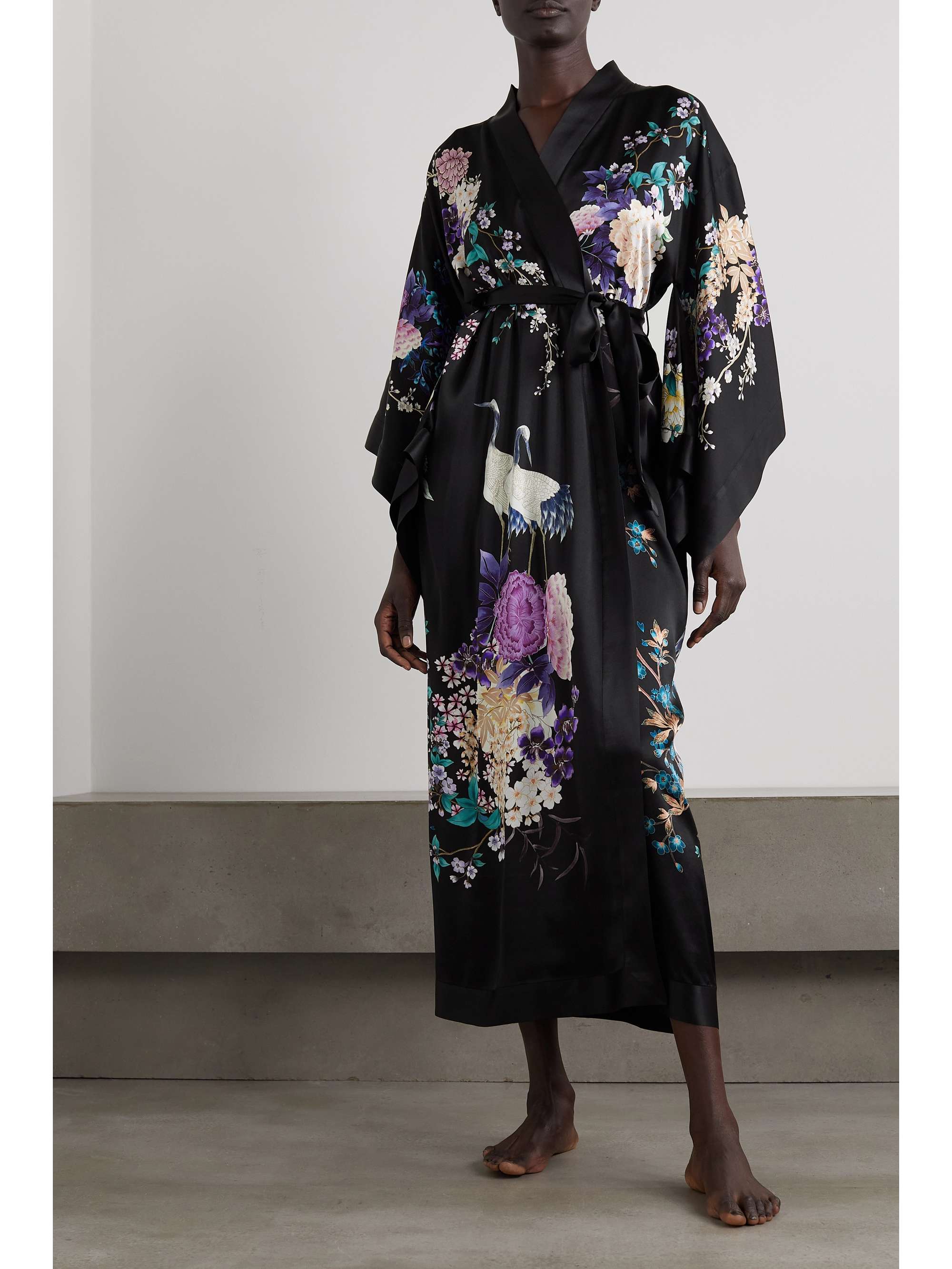 MENG Belted floral-print silk-satin robe