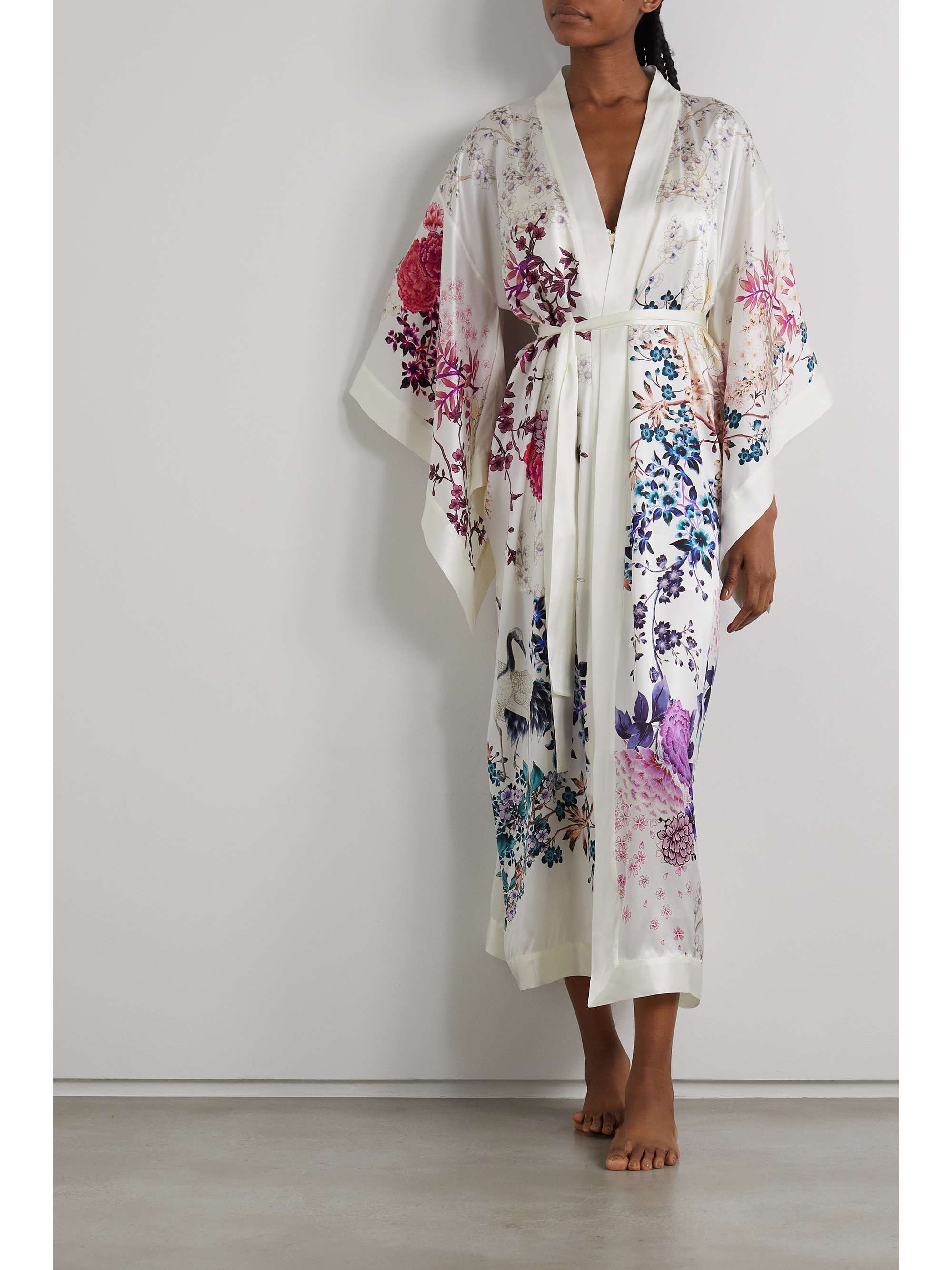 MENG Belted floral-print silk-satin robe