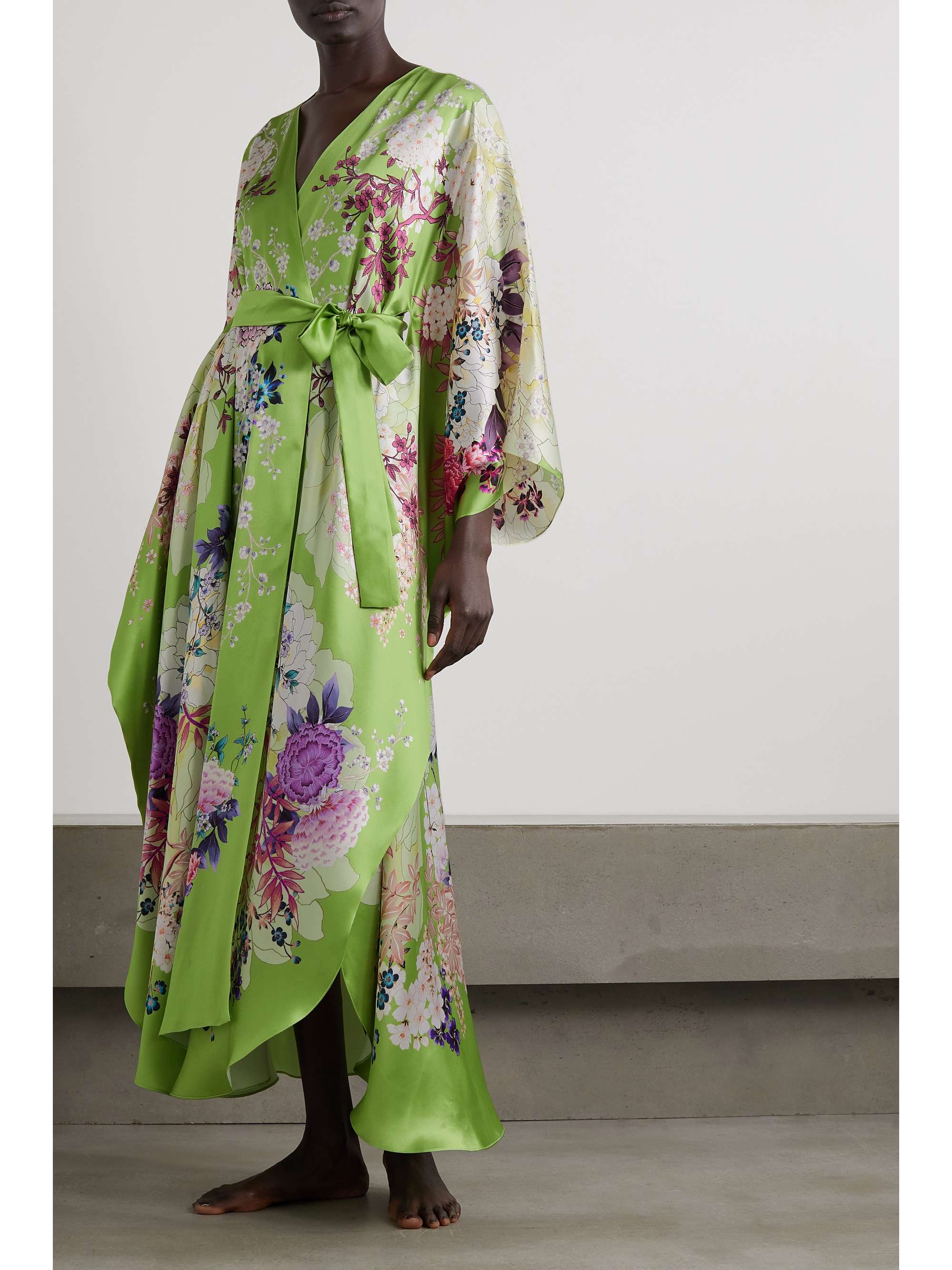 MENG Belted floral-print silk-satin robe