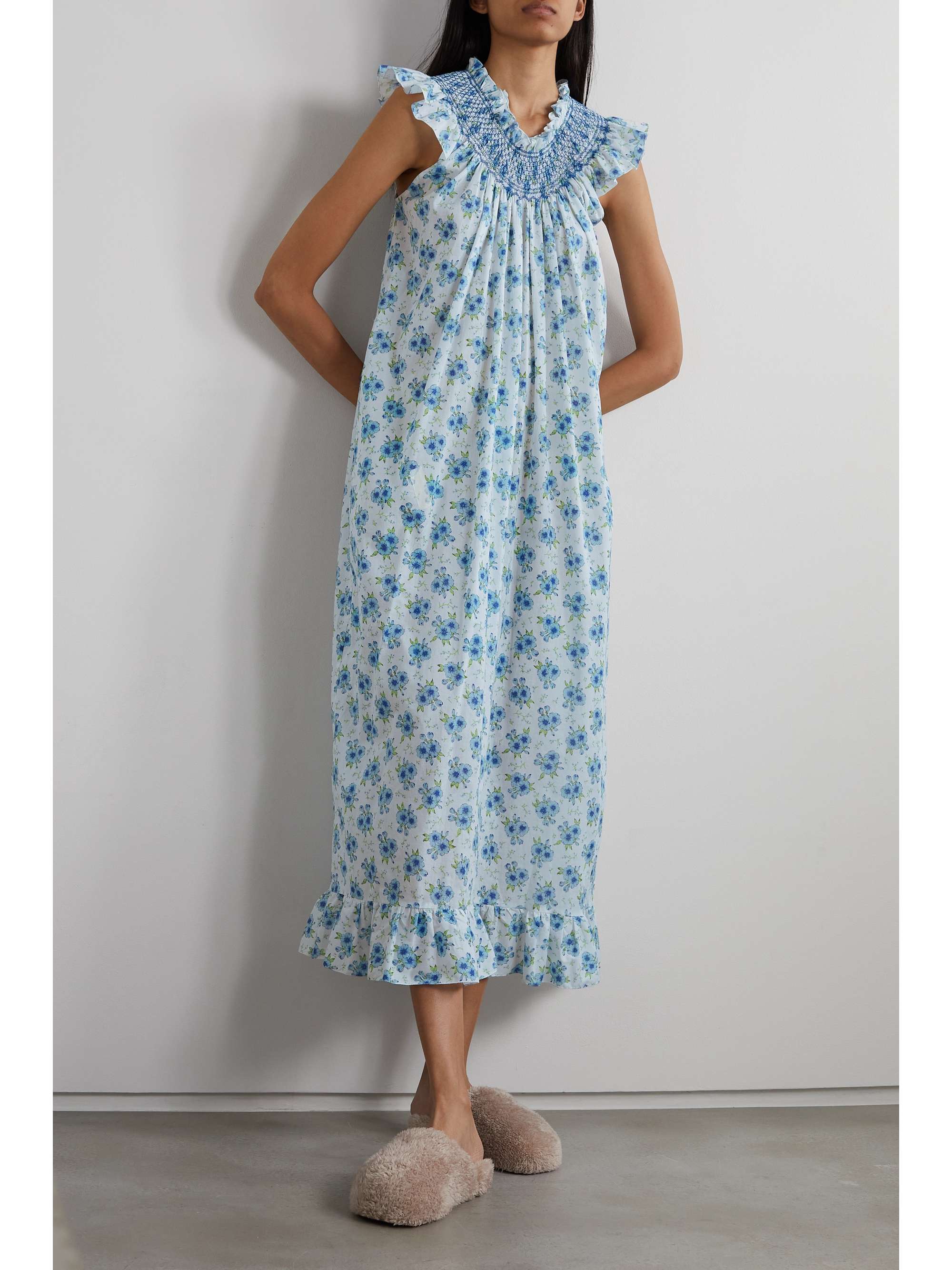 LORETTA CAPONI Delfina ruffled smocked printed cotton-voile midi dress