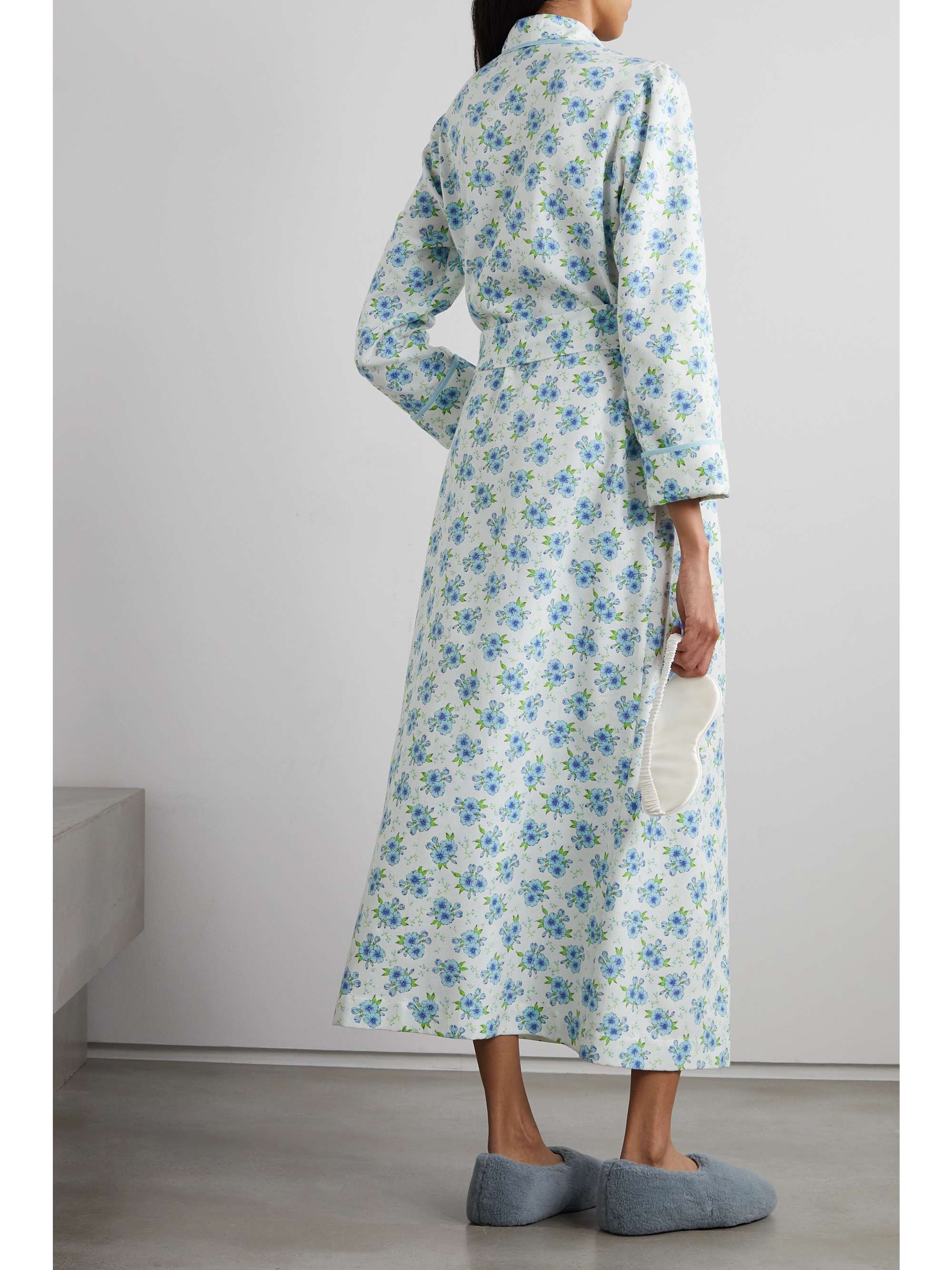 LORETTA CAPONI Piped floral-print waffle-knit cotton robe