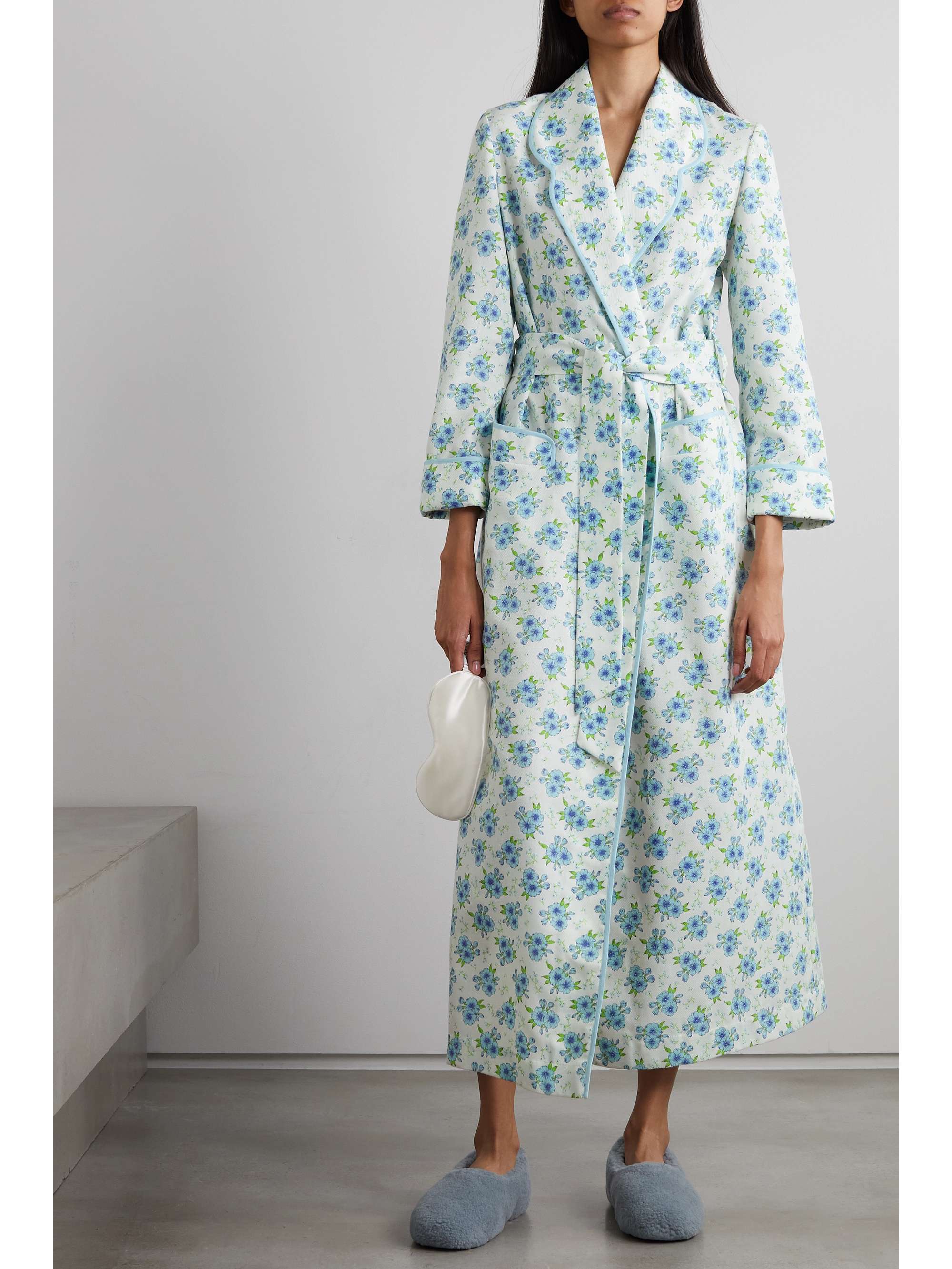 LORETTA CAPONI Piped floral-print waffle-knit cotton robe