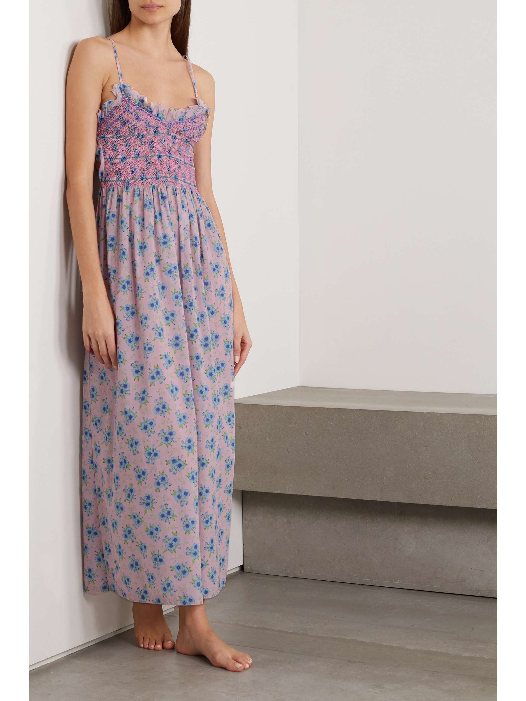 LORETTA CAPONI Smocked flower-print cotton nightdress