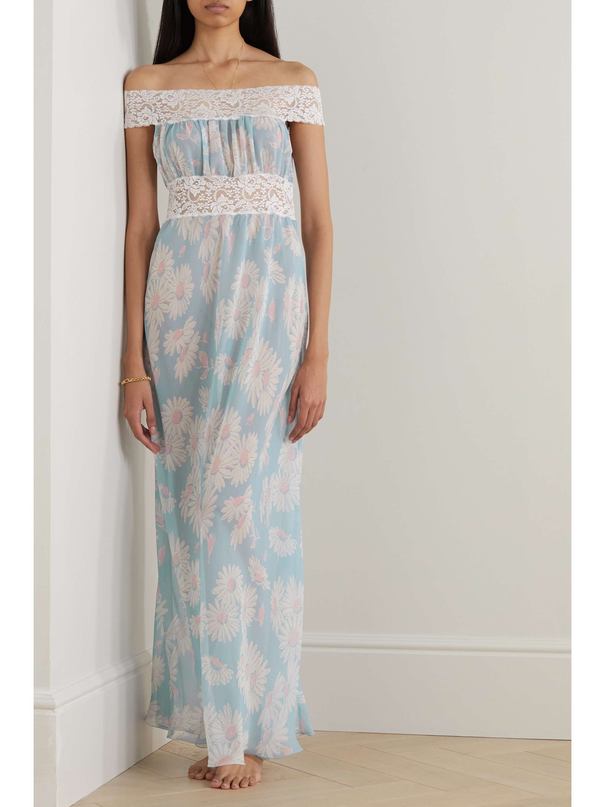 LORETTA CAPONI Ambrosia lace-trimmed floral-print silk-georgette nightdress