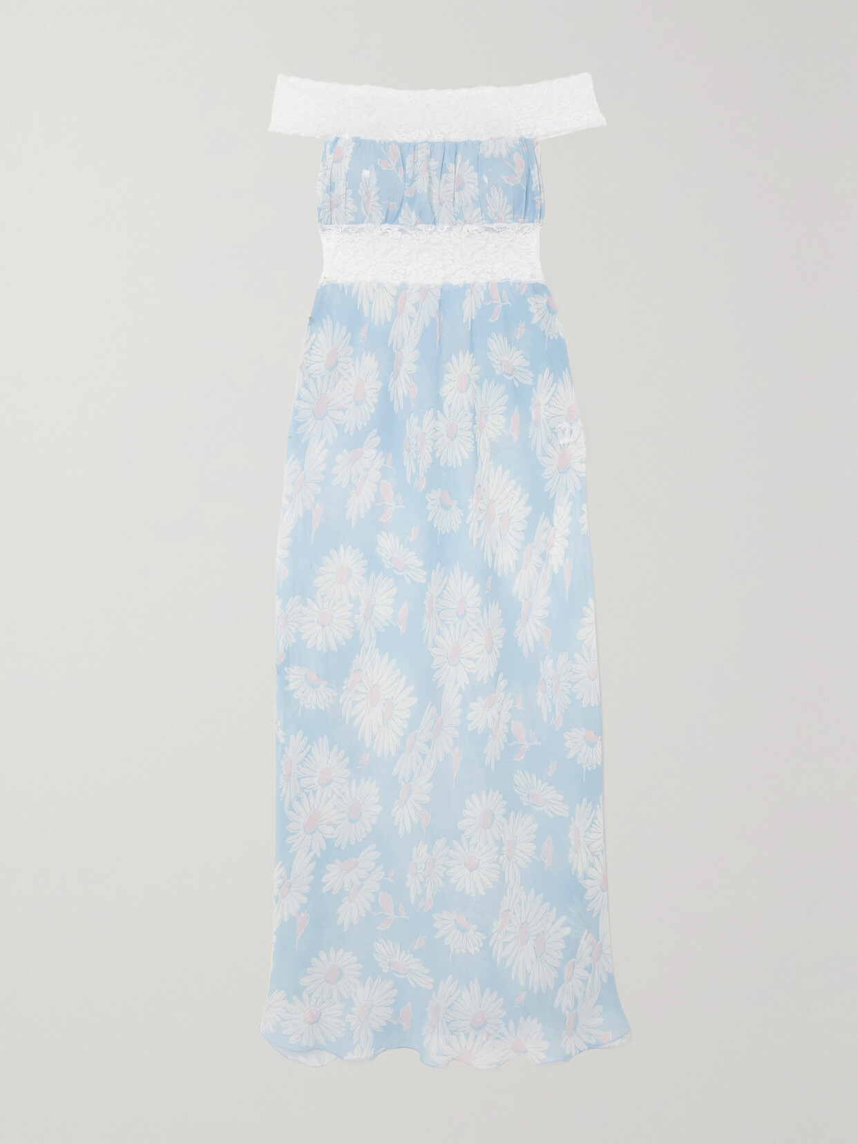 Loretta Caponi Ambrosia Lace-trimmed Floral-print Silk-georgette Nightdress In Blue