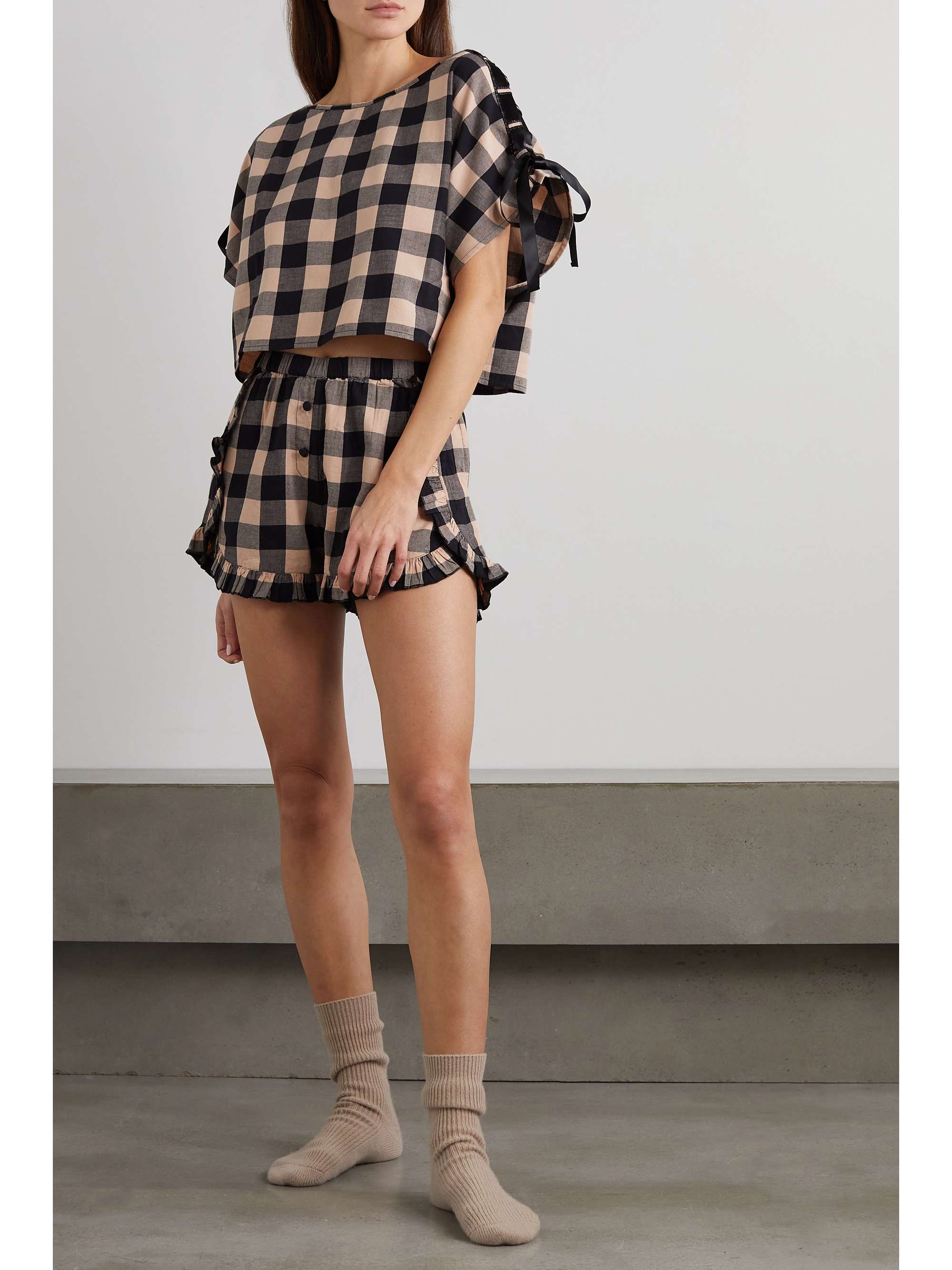MORGAN LANE Gina Nessa satin-trimmed checked cotton-flannel pajama set