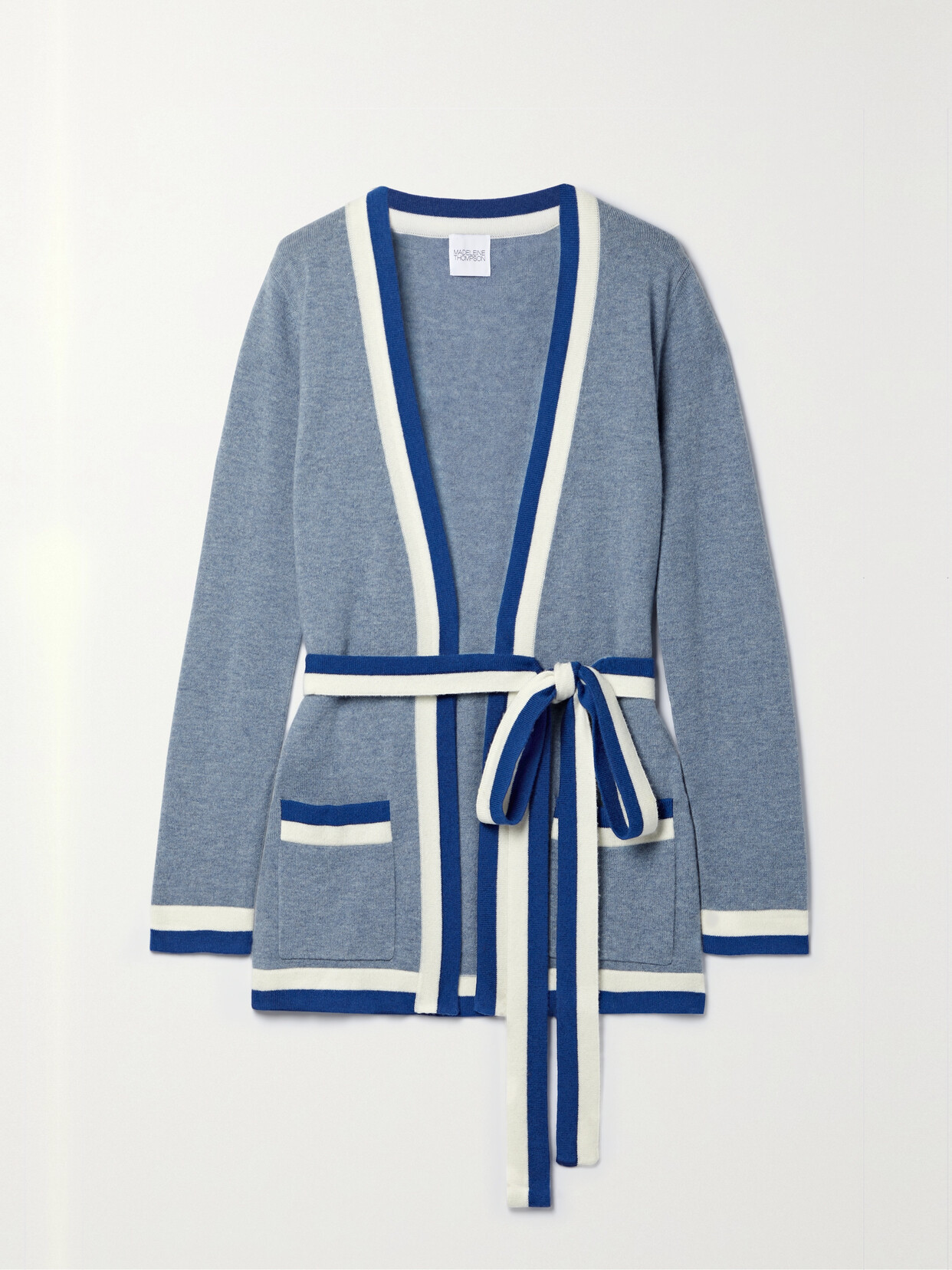 Madeleine Thompson Rowen Belted Striped Wool And Cashmere-blend Cardigan In Blue