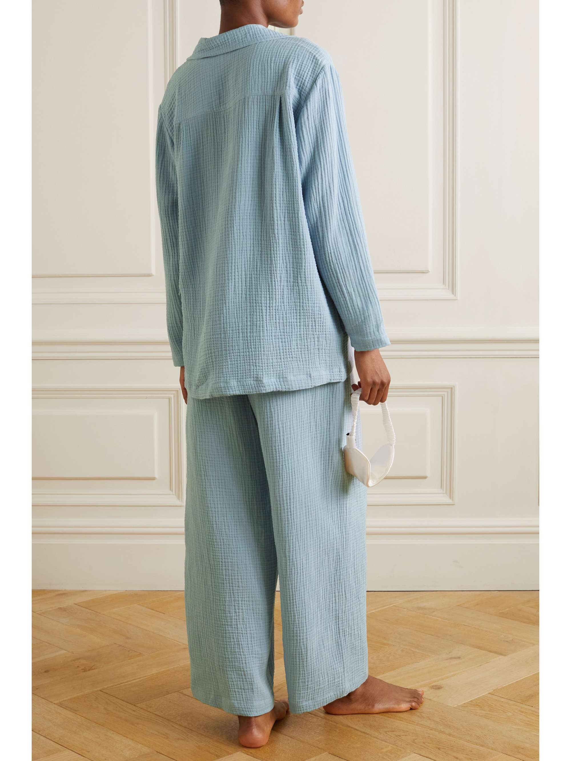 POUR LES FEMMES Crinkled cottongauze pajama set NETAPORTER