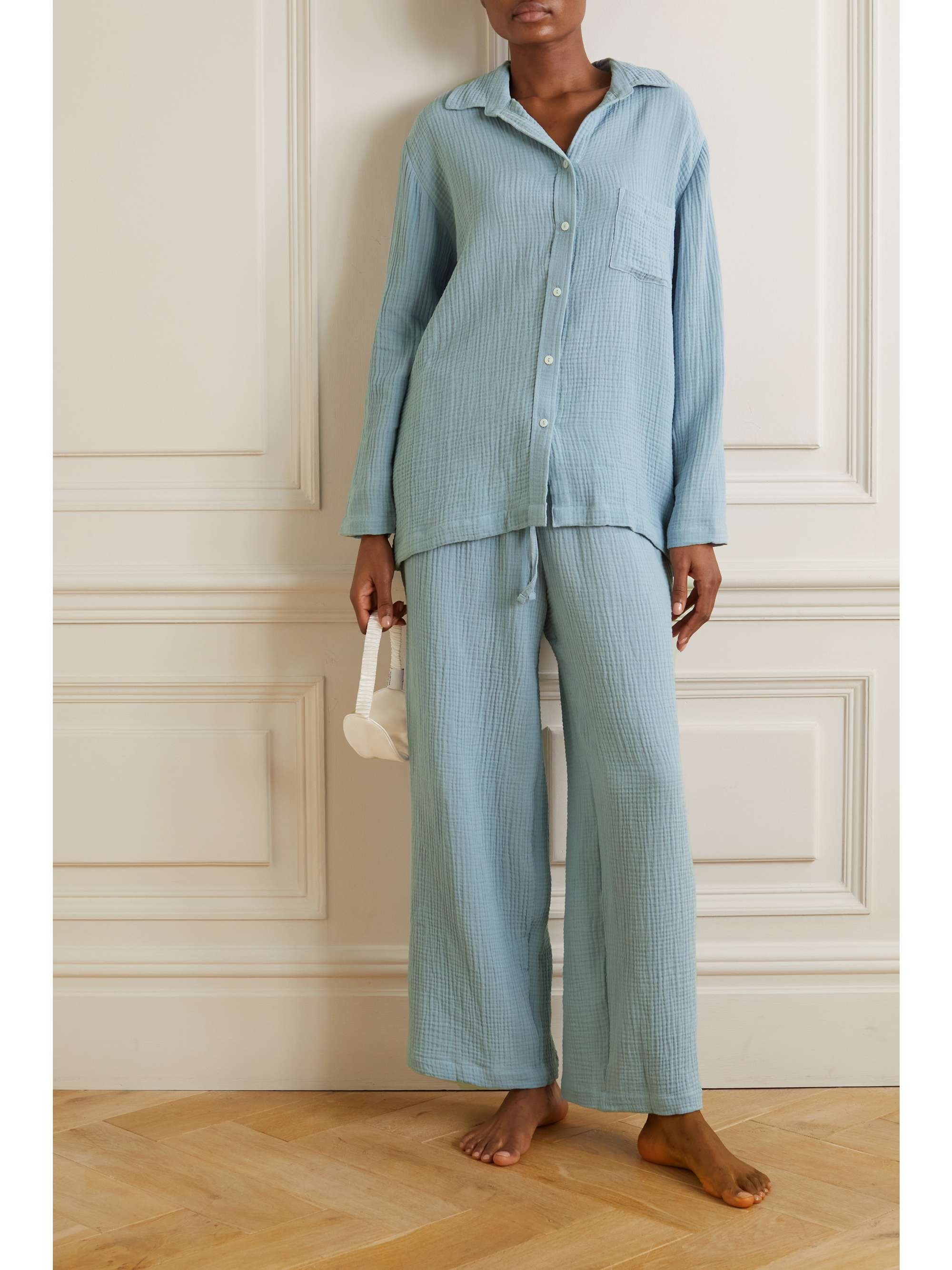 POUR LES FEMMES Crinkled cottongauze pajama set NETAPORTER