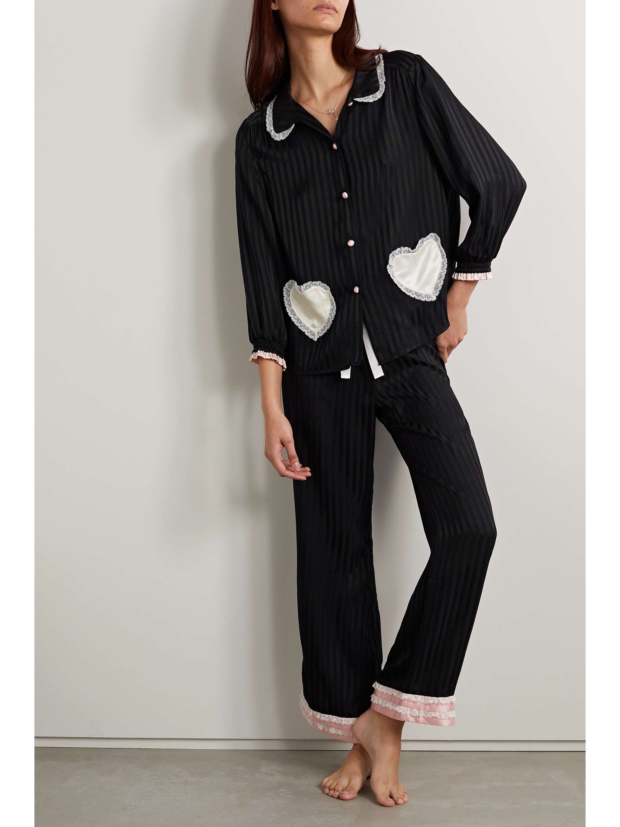 MORGAN LANE Penny Faye satin and lace-trimmed silk-seersucker pajama set