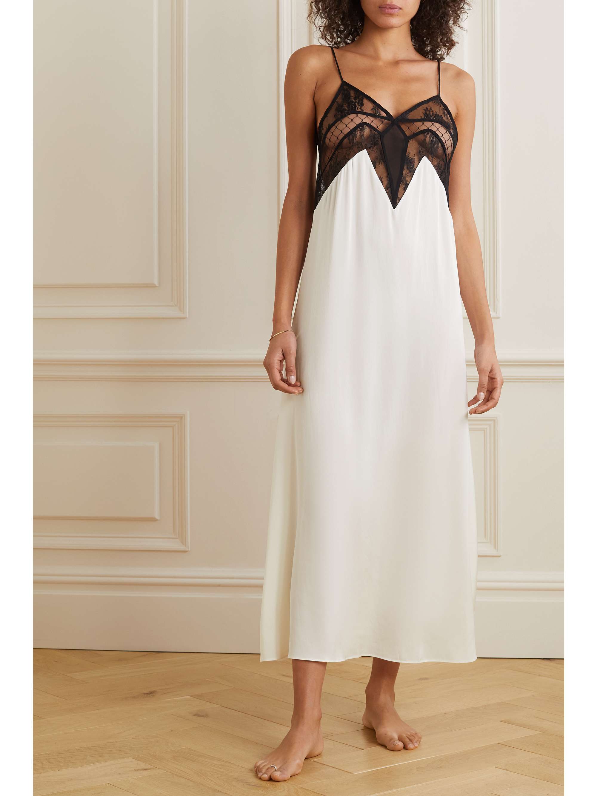 SLEEPING WITH JACQUES Francine lace, mesh and tulle-trimmed silk nightdress