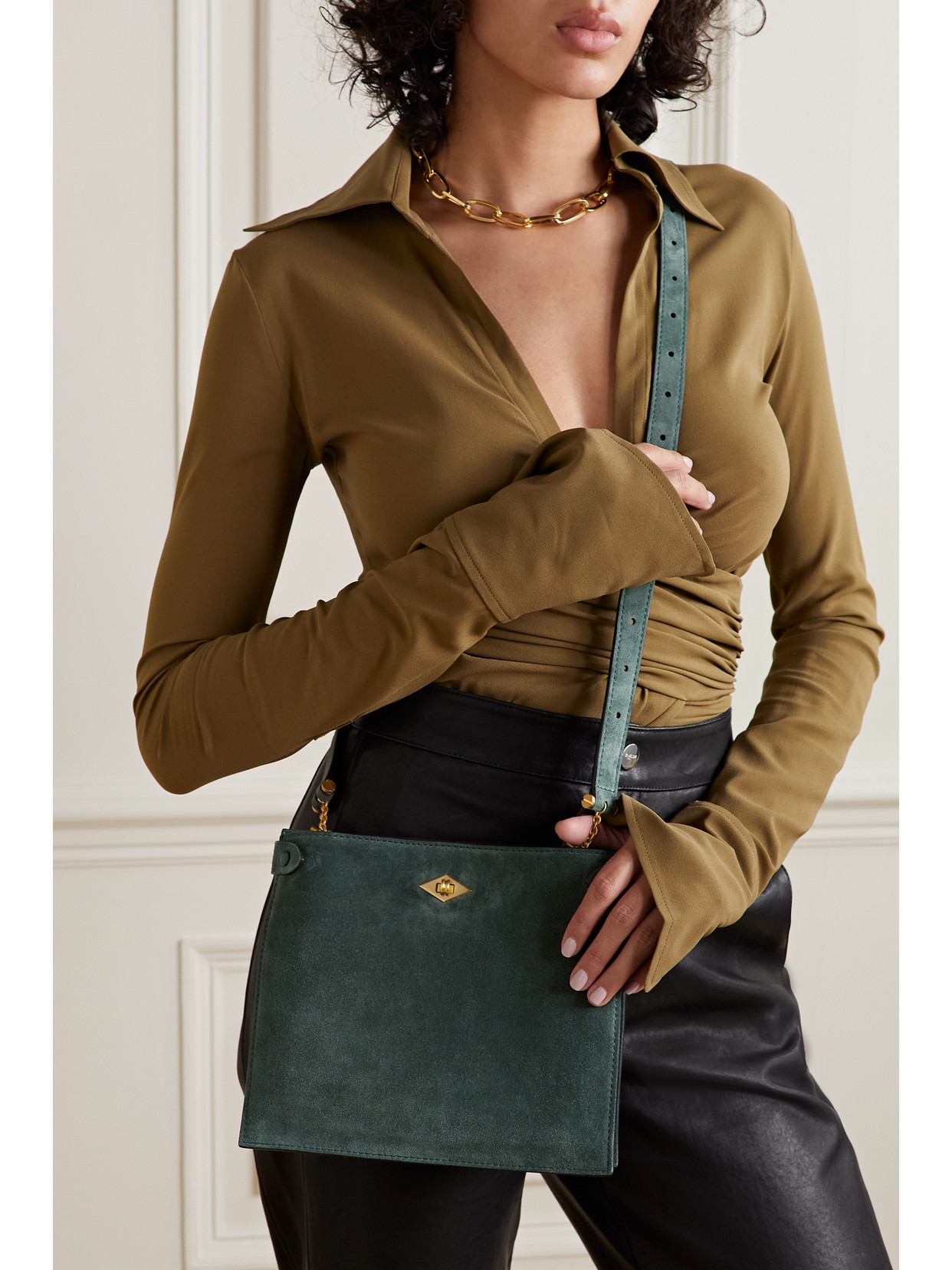 Metier Stowaway Suede Shoulder Bag In Green
