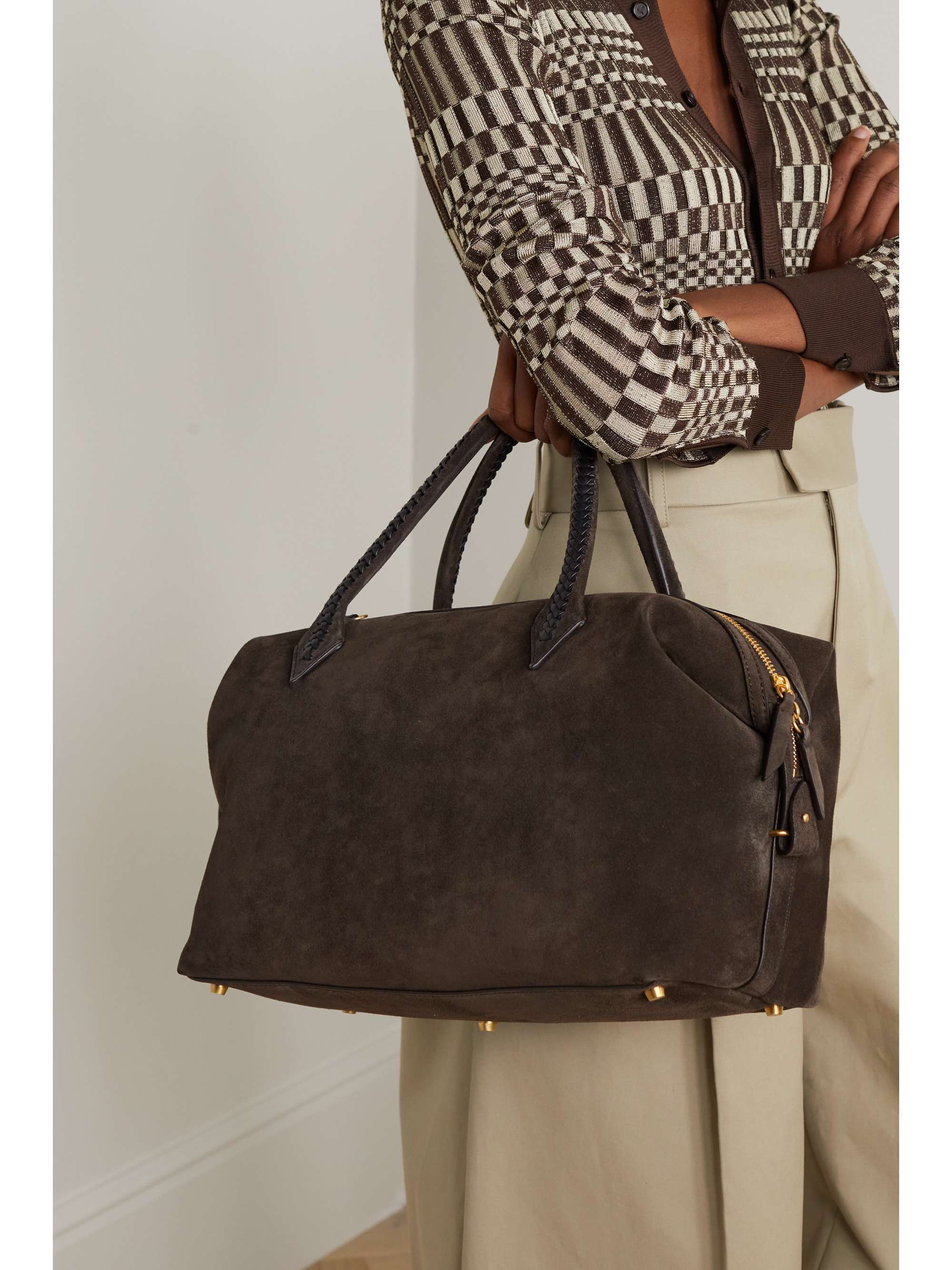 MÉTIER Perriand City medium braided leather-trimmed suede tote