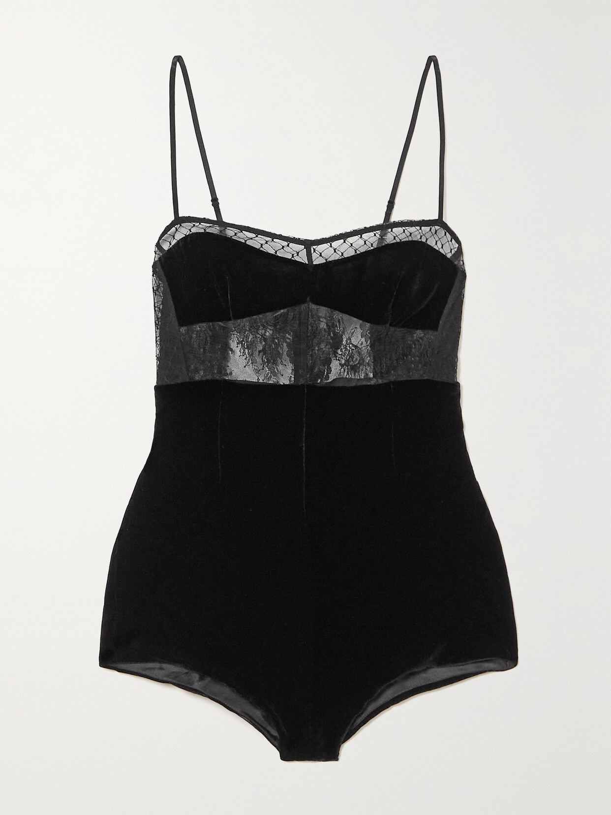 Sleeping with Jacques - Ophelia Lace And Tulle-trimmed Velvet Bodysuit - Black